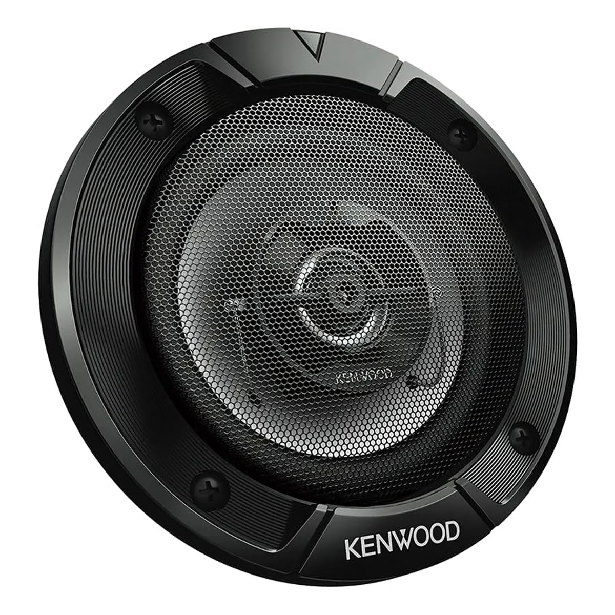 Schwarzer Kenwood Lautsprecher mit Gitter und sichtbarer Membran.