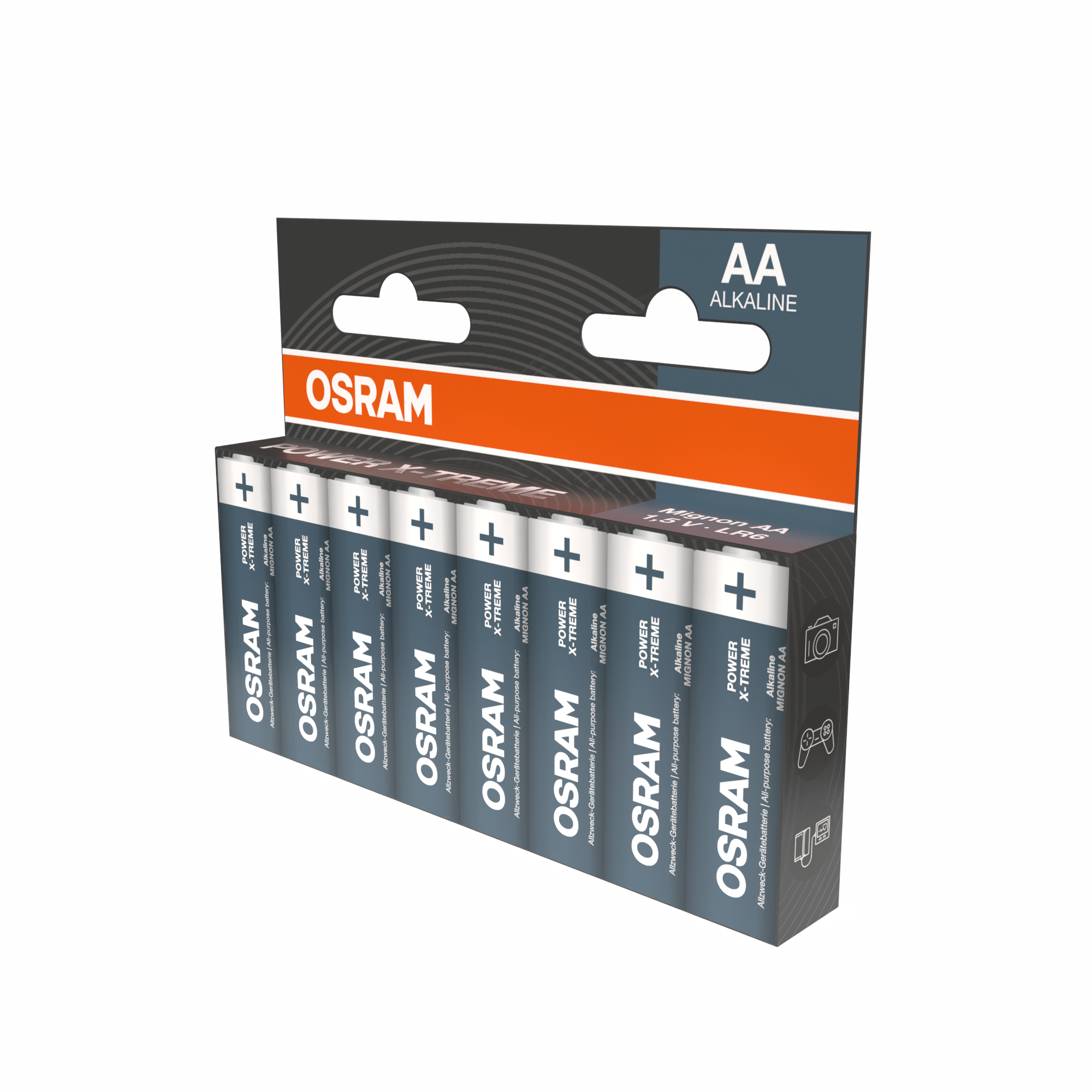 Verpackung mit acht AA-Alkaline-Batterien von Osram Power X-Treme.
