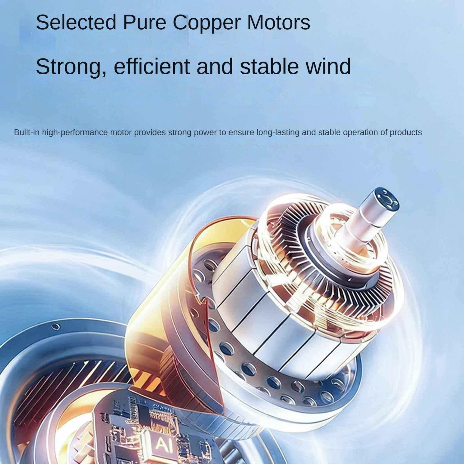 Nahaufnahme eines Rein-Kupfer-Motors mit sichtbaren Spulen und einer Platine mit 'AI'.