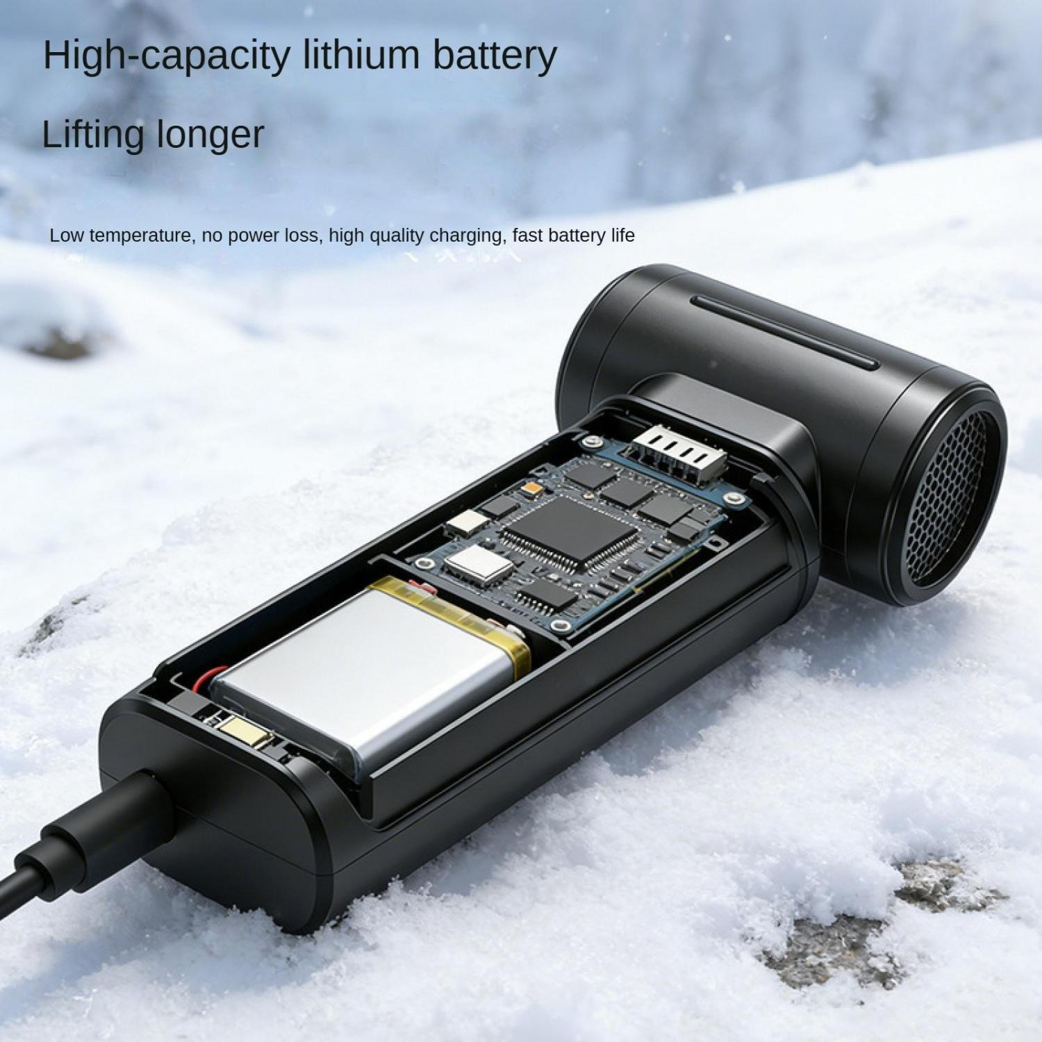 Ein schwarzes Gerät mit offenem Gehäuse, das eine Batterie und Leiterplatten zeigt, liegt im Schnee.
