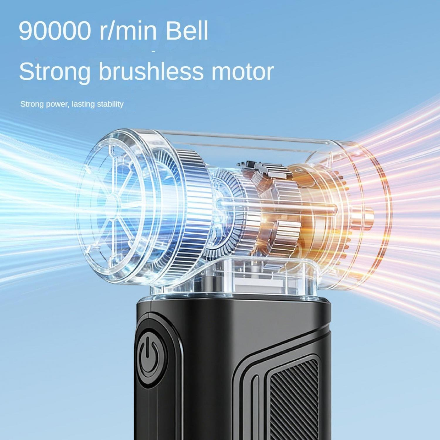 Nahaufnahme eines starken bürstenlosen Motors mit rotierenden Lüfterblättern und Lichtstreifen.