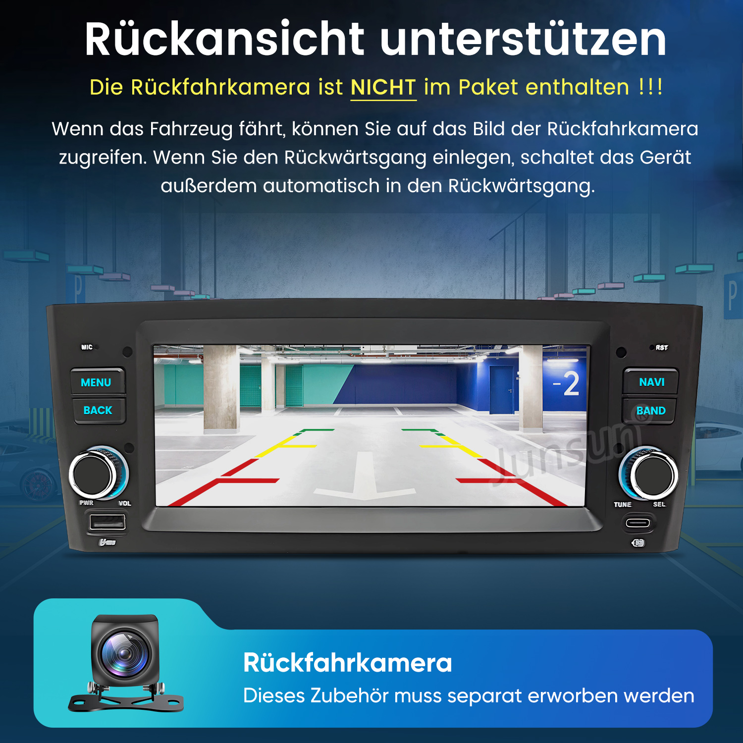 Bildschirm zeigt Parkplatz-Ansicht mit Linien. Unten kleine Kamera.