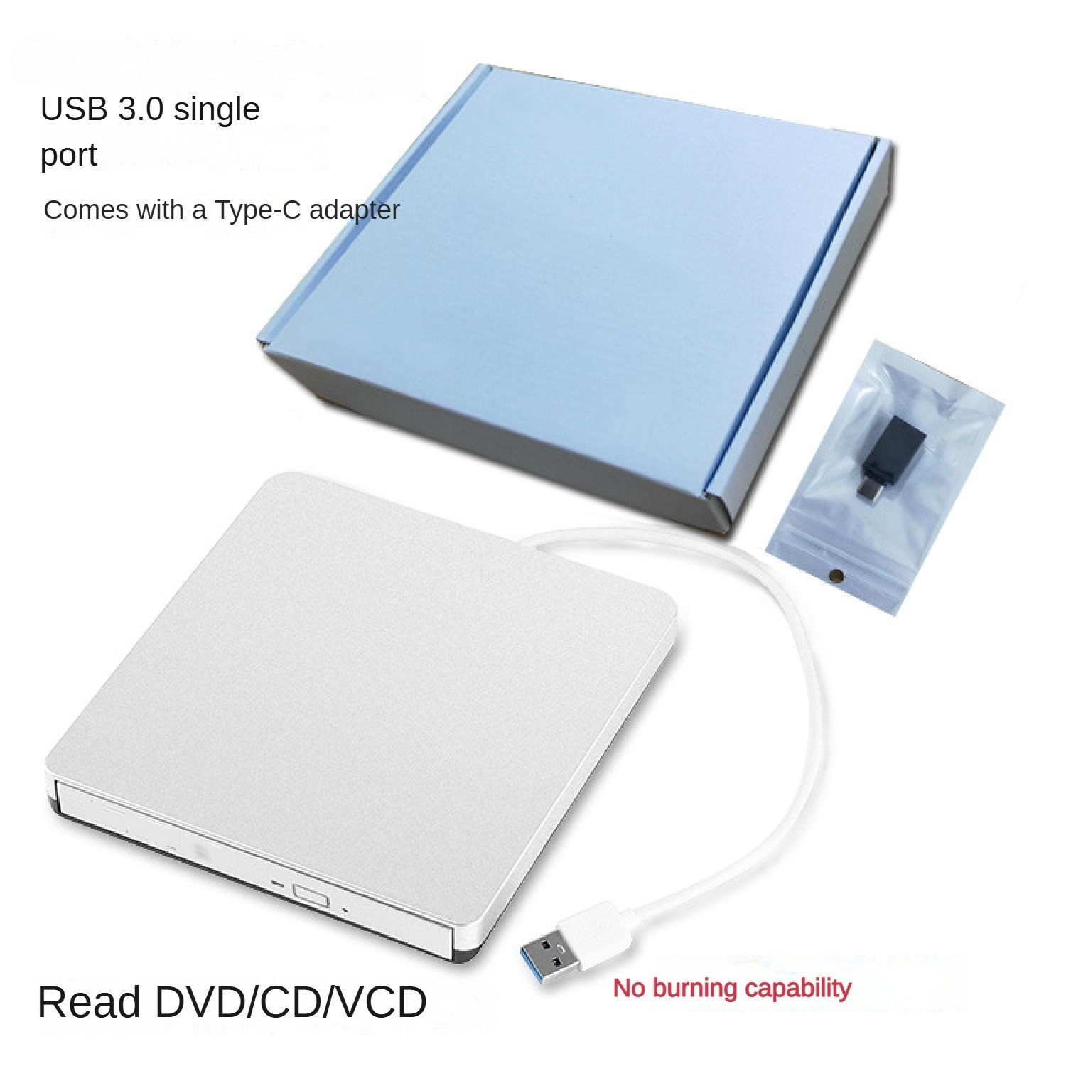 Silbernes USB 3.0 DVD/CD/VCD-Laufwerk mit Typ-C-Adapter und blauem USB-Anschluss.
