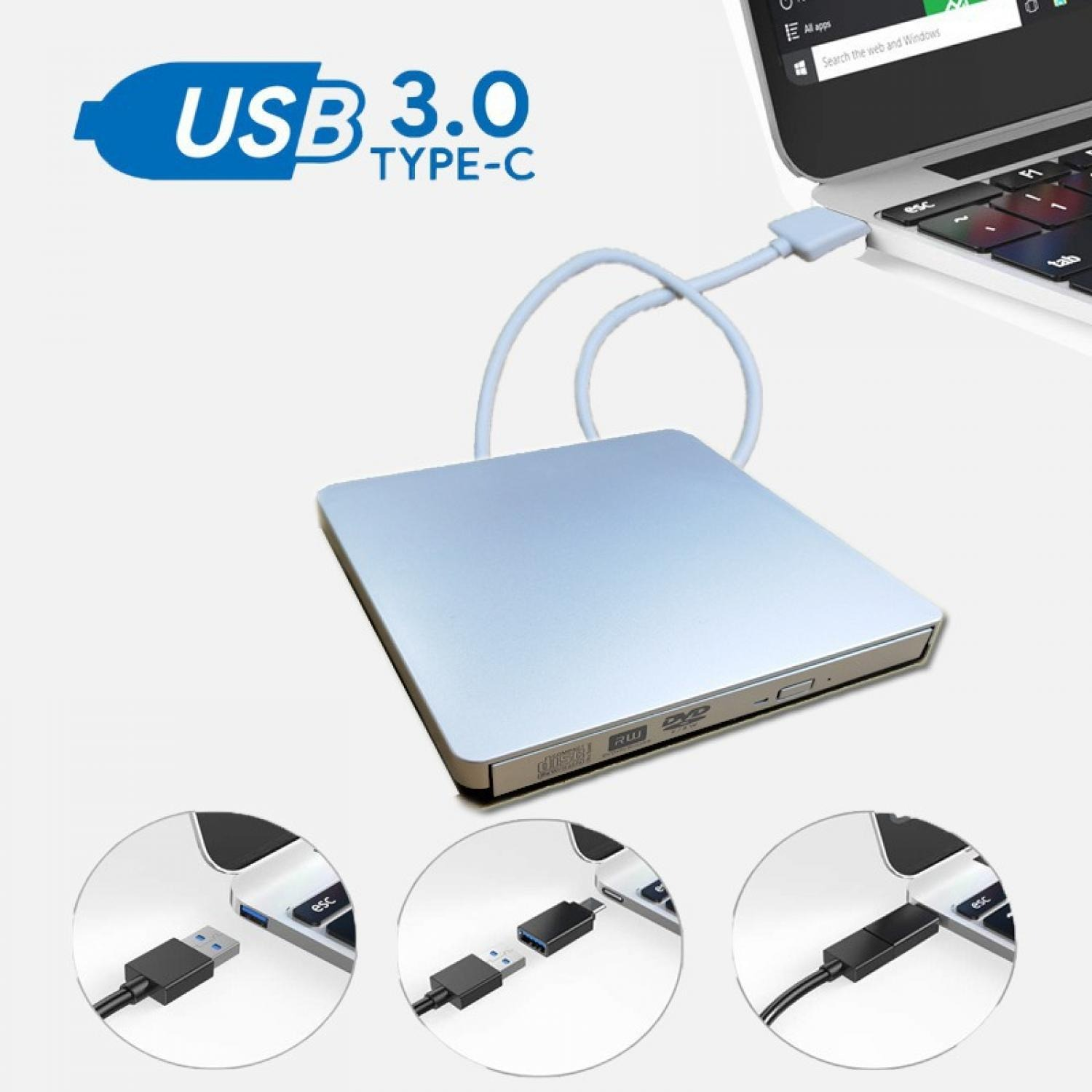 Silbernes USB 3.0 Typ-C-DVD-Laufwerk, angeschlossen an einen Laptop. Drei Einlegebilder zeigen Kabelverbindungen.