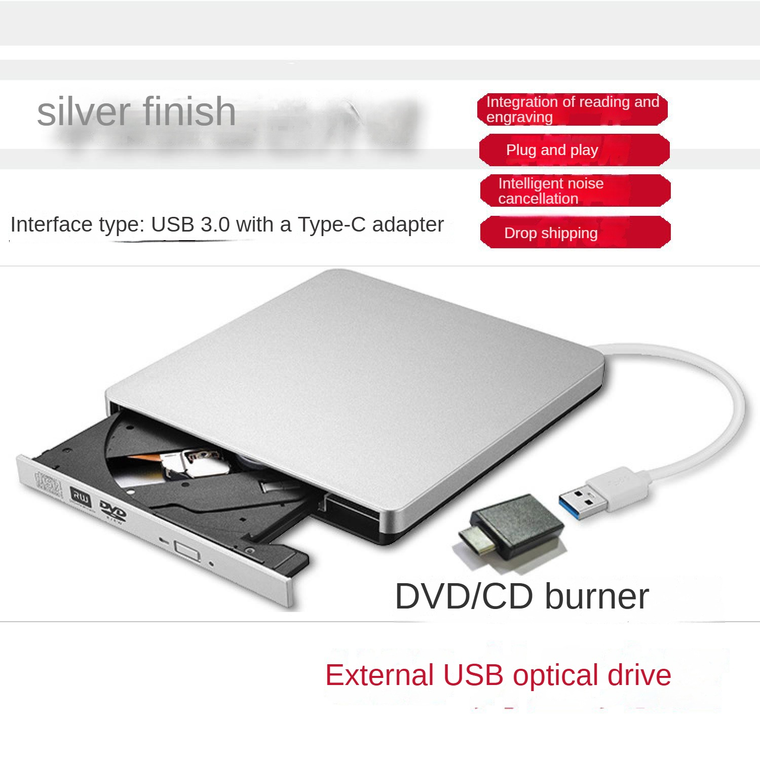 Externes silbernes USB-DVD/CD-Laufwerk mit USB 3.0 & Typ-C-Adapter.
