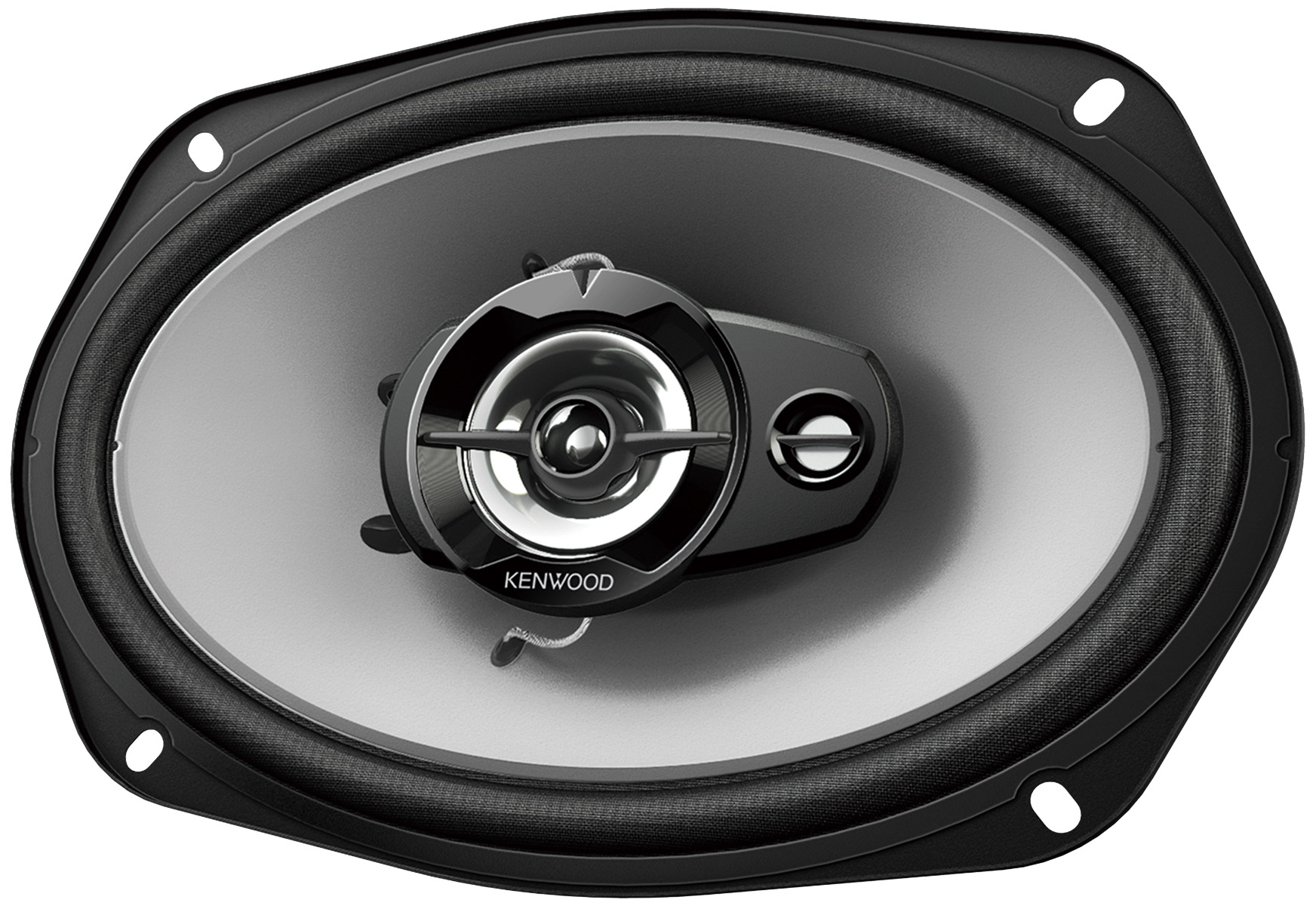 Ein ovaler Kenwood-Lautsprecher mit silberner Membran und schwarzem Rahmen.