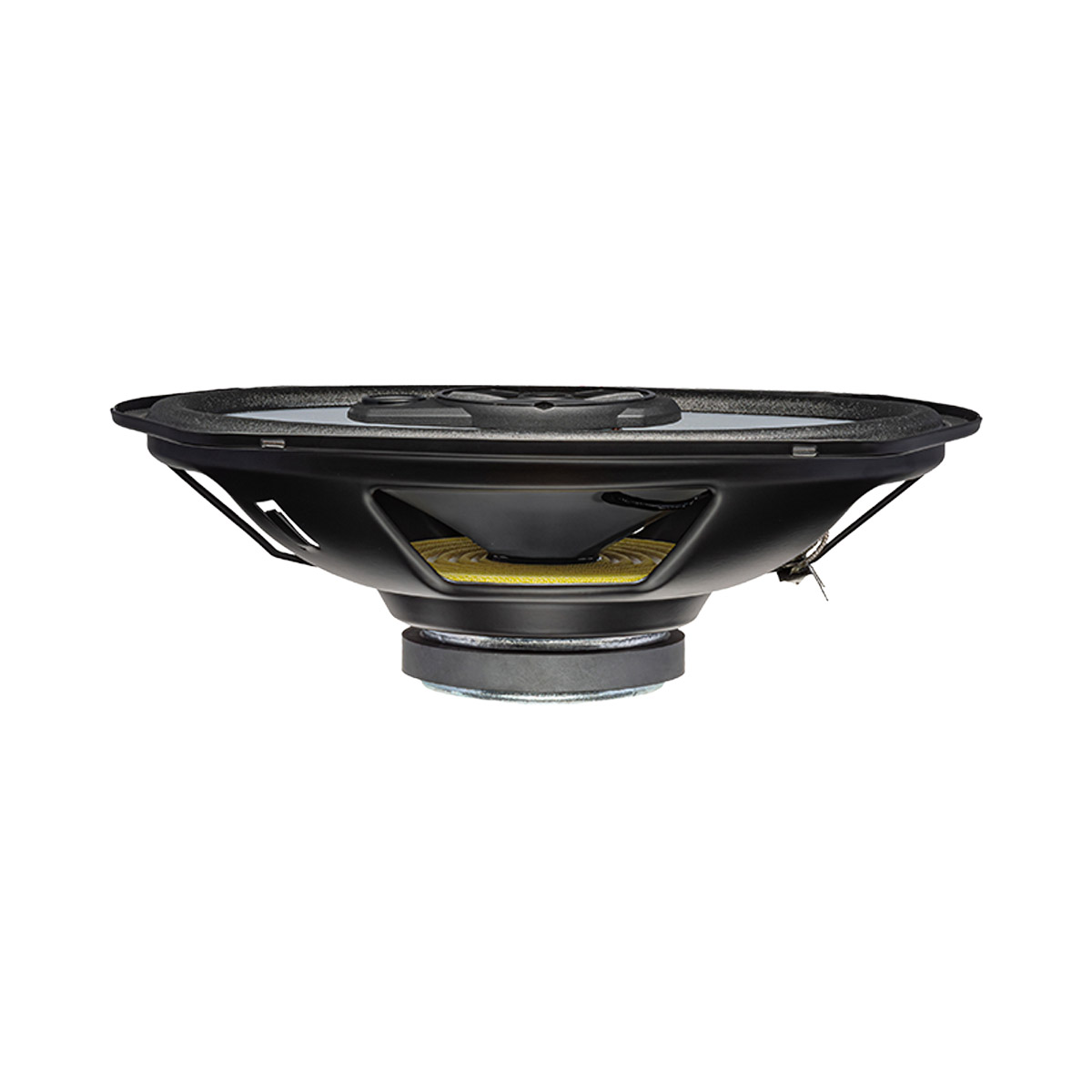 Ein schwarzer Lautsprecher mit gelber Membran und Magnet.