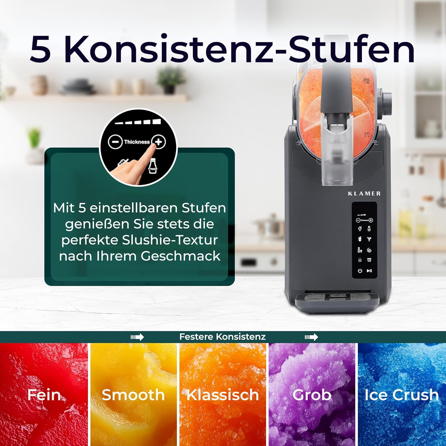 Grauer Slush-Eismaschine mit 5 Konsistenzstufen und Fruchttexturen.