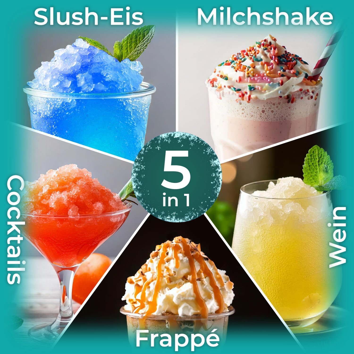 Fünf Getränke: blauer Slush, pinker Milchshake, roter Cocktail, gelbes Getränk, Karamell-Frappé.