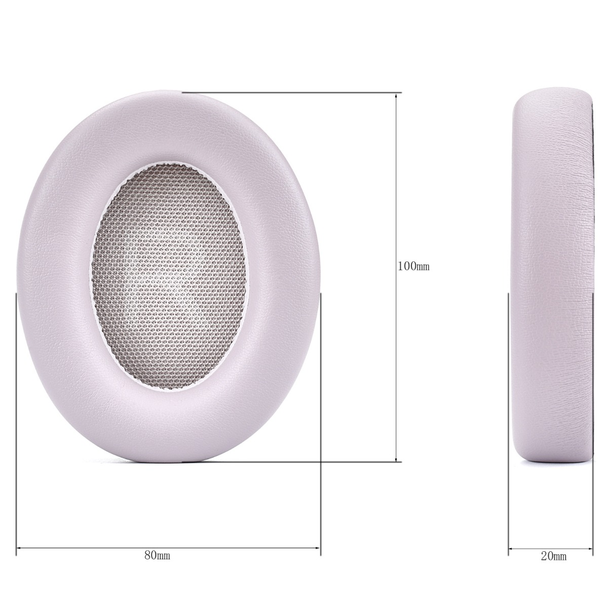 Ein hellviolettes Ohrpolster mit Gitter und Maßen 80mm x 100mm x 20mm.