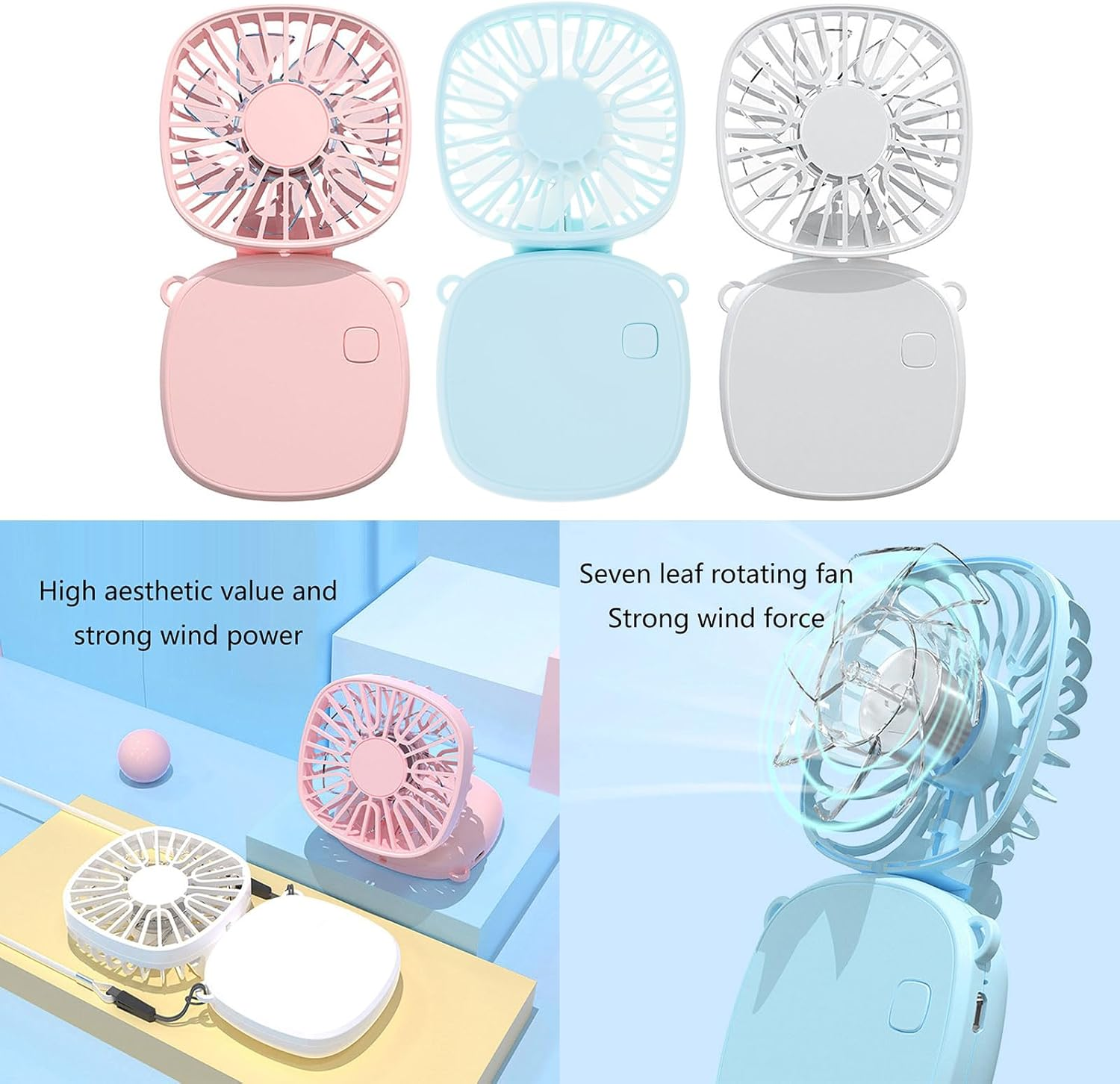 Drei kleine Ventilatoren in Rosa, Hellblau und Weiß.