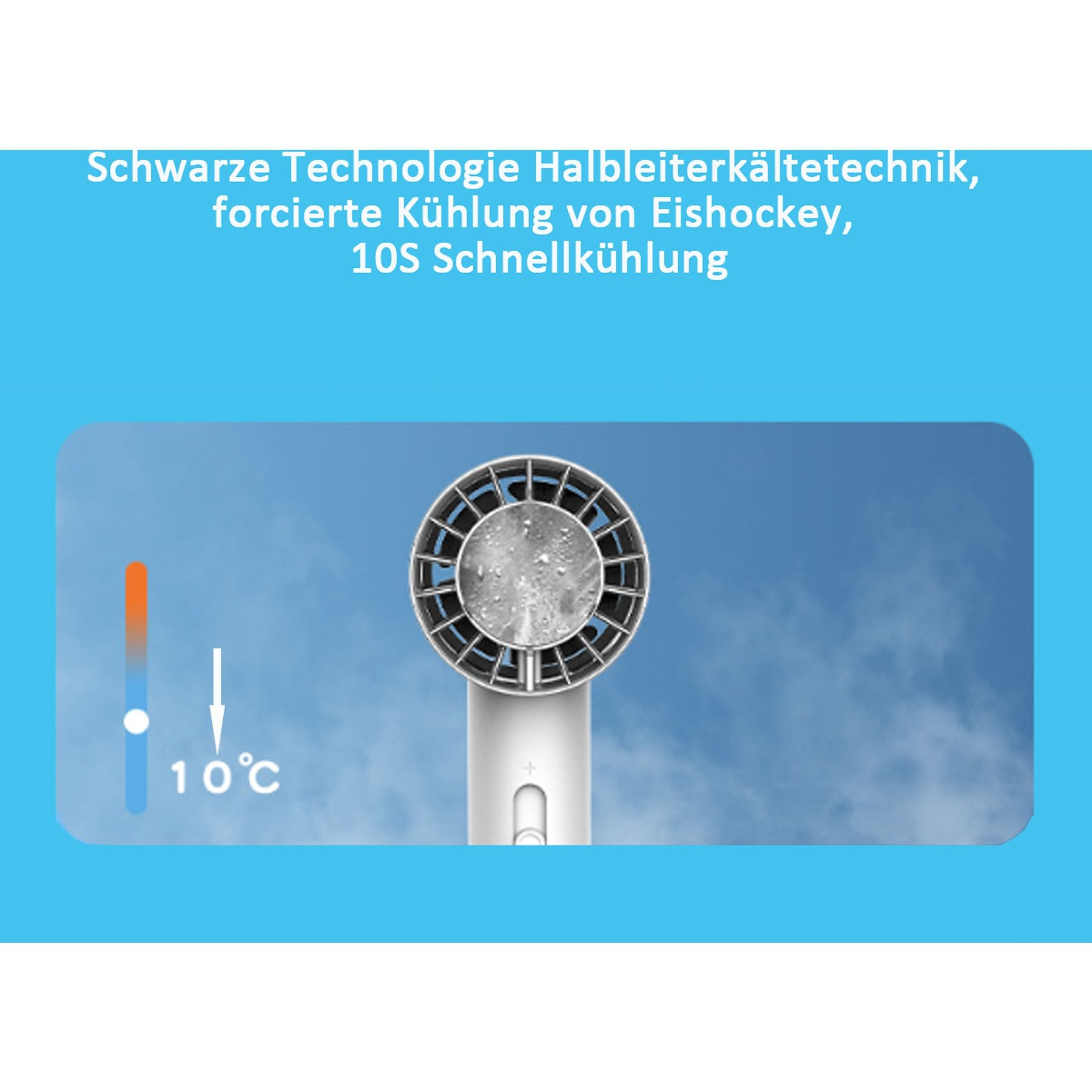 Ein weißer Lüfter mit Wassertropfen und einem 10°C-Thermometer.