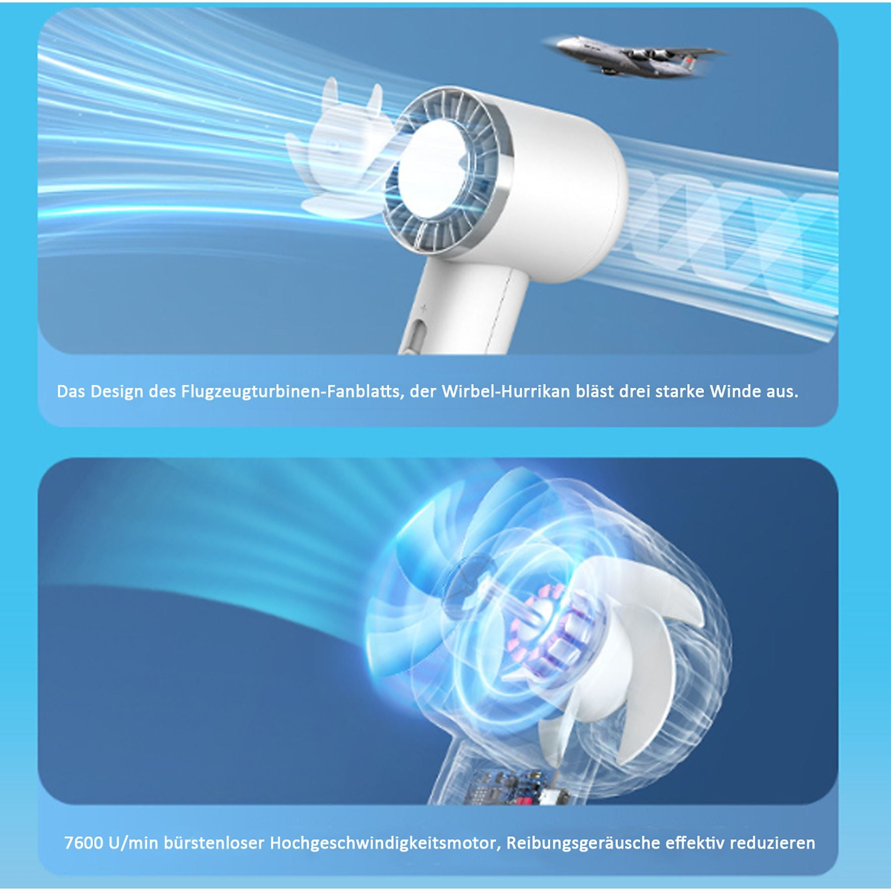 Ein weißer Föhn mit Flugzeugturbinen-Design erzeugt starke Luftströme. Unten: Ein Motor mit 7600 U/min.