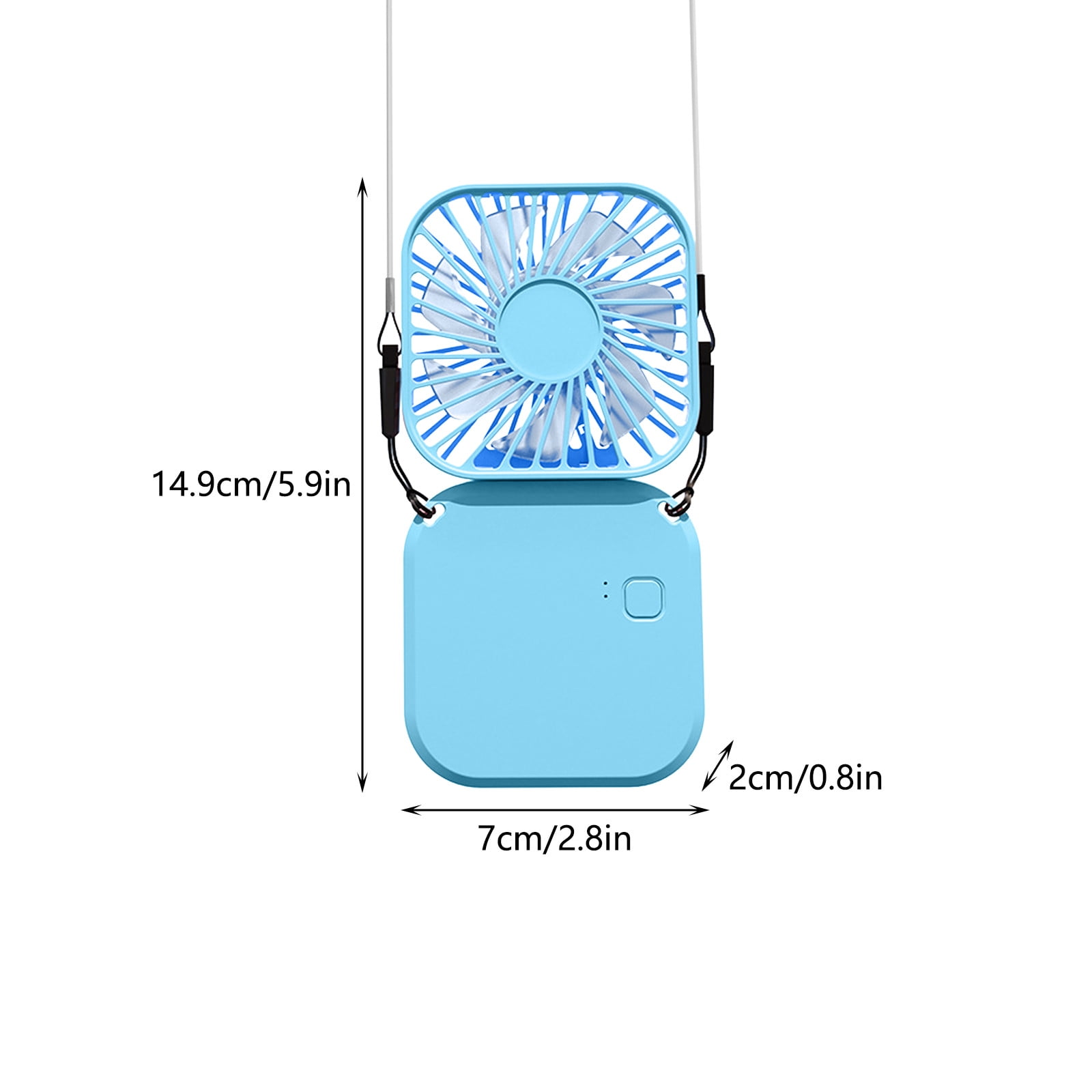 Ein hellblauer Nackenventilator mit einem quadratischen Lüfterteil und einem rechteckigen Gehäuse.