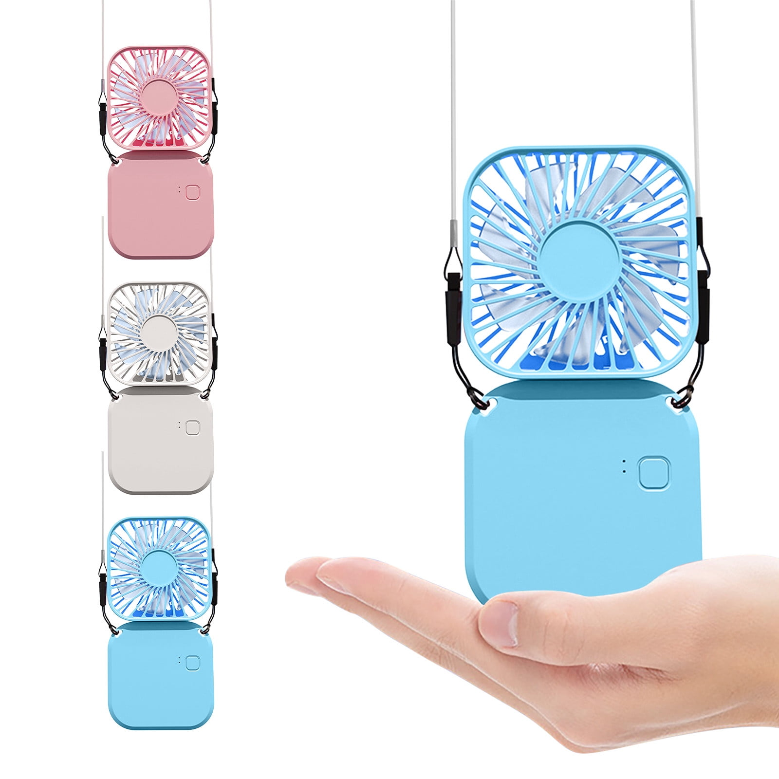 Ein blaues Mini-Halsventilator-Display auf einer Hand. Mehrere andere Farben sind abgebildet.