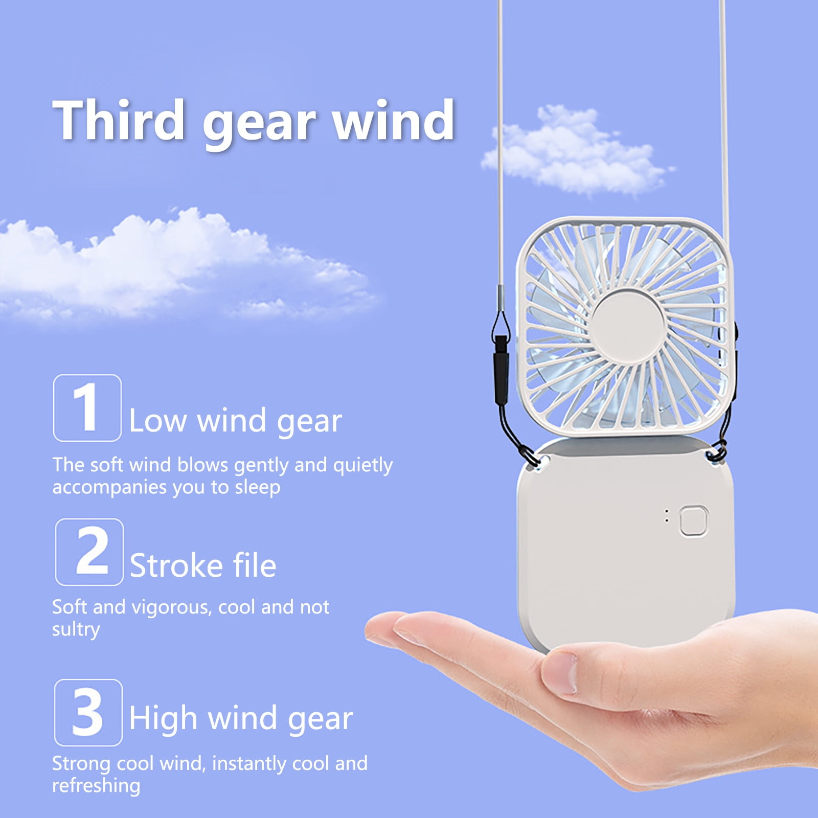 Ein weißer Nackenventilator mit drei Gängen wird auf einer Hand gehalten.