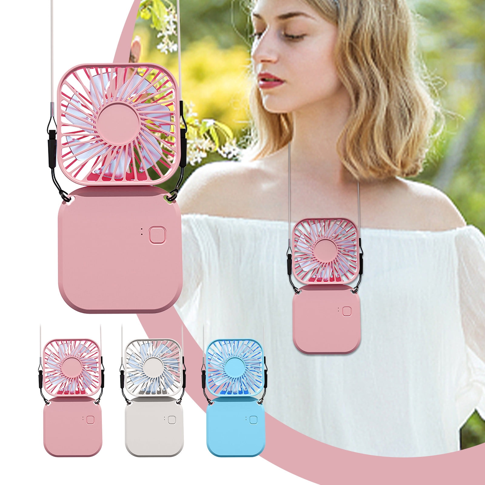 Ein rosa Nackenventilator mit einem quadratischen Lüfter und einem Gehäuse.