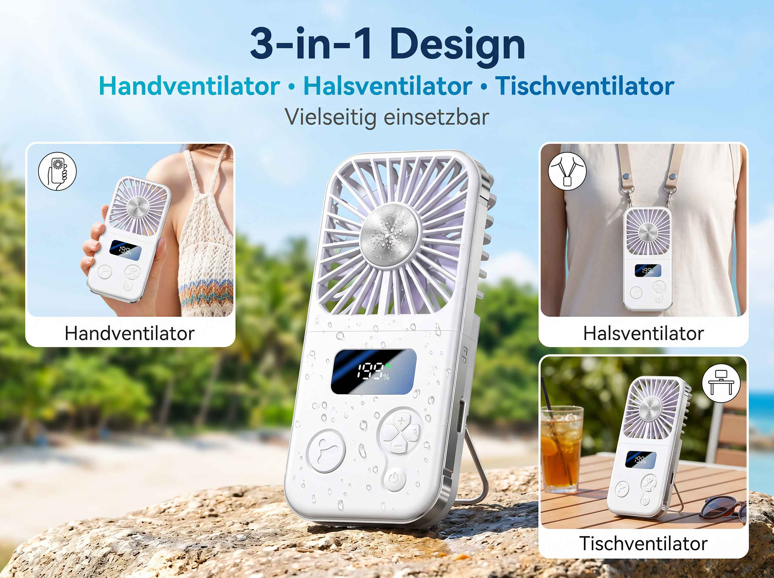 Ein weißer Handventilator mit digitaler Anzeige und Bedienelementen, 3-in-1 Design.