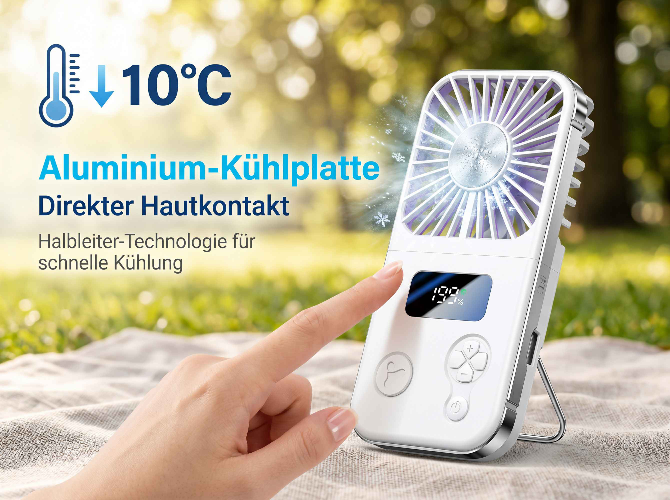 Ein weißer Ventilator mit Kühlplatte und Digitalanzeige, der 10°C kühlt.