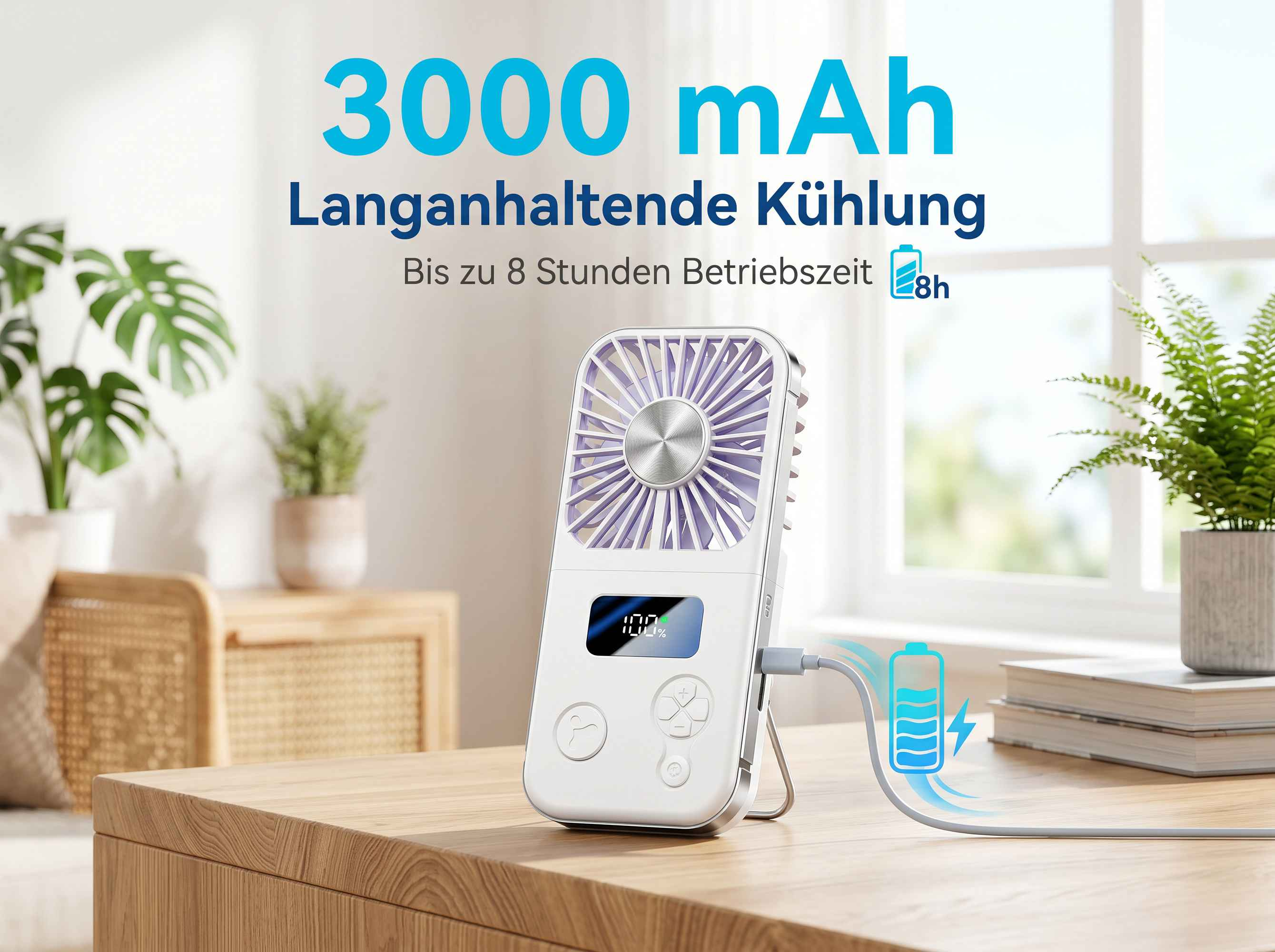 Ein weißer tragbarer Lüfter mit 3000 mAh Akku wird geladen.