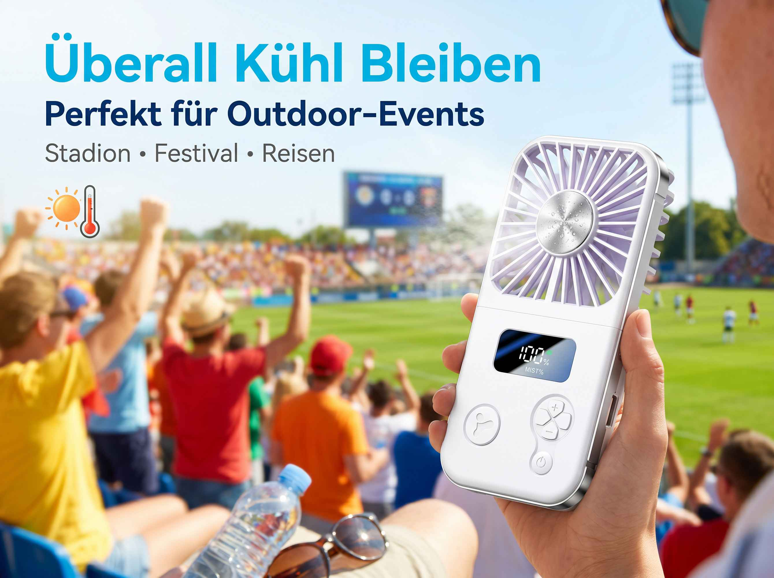 Ein tragbarer Ventilator in der Hand, vor einem verschwommenen Stadion mit Zuschauern und einem Spiel.