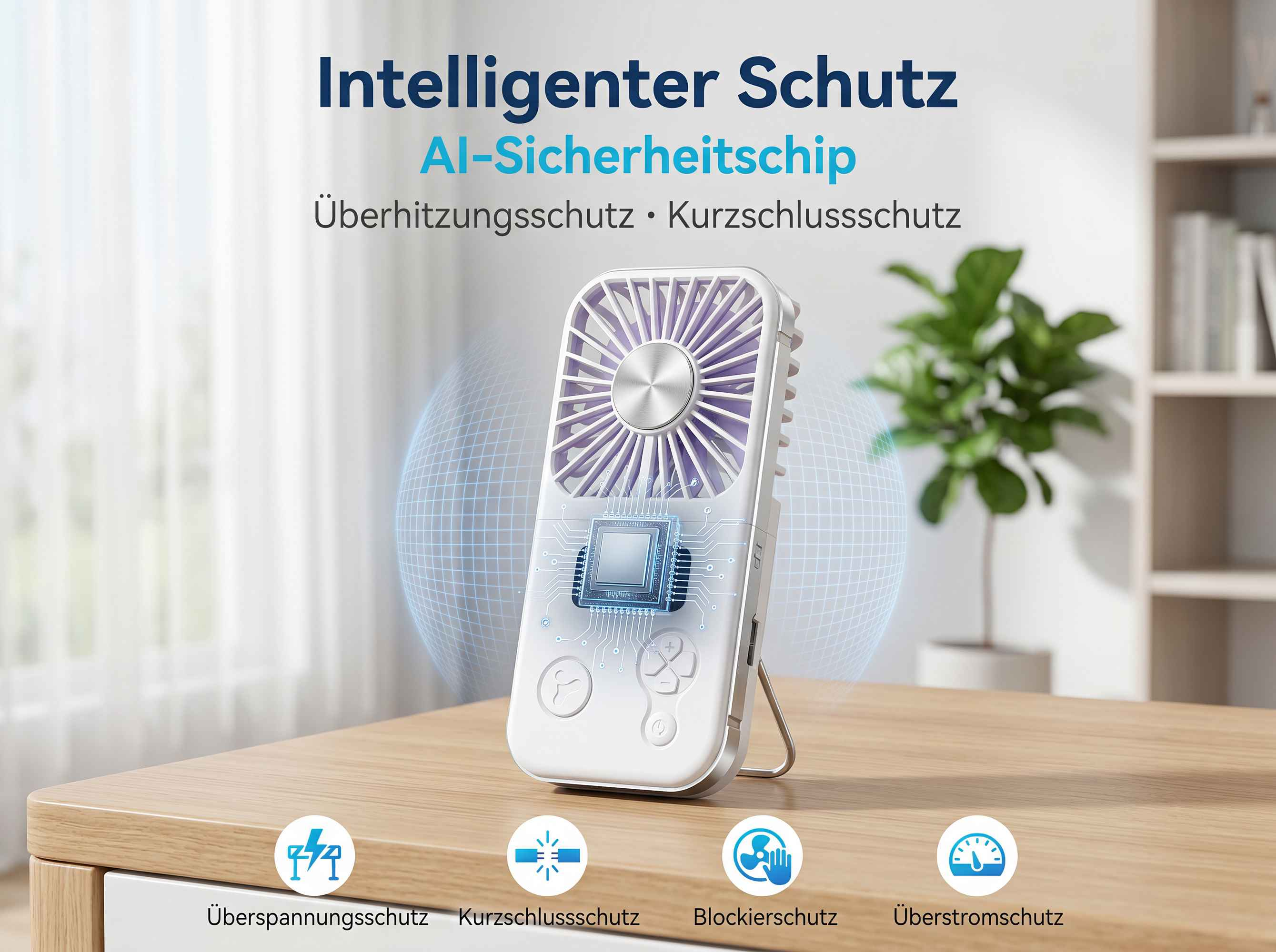 Ein weißer tragbarer Lüfter mit AI-Chip auf einem Holztisch. Icons unten.