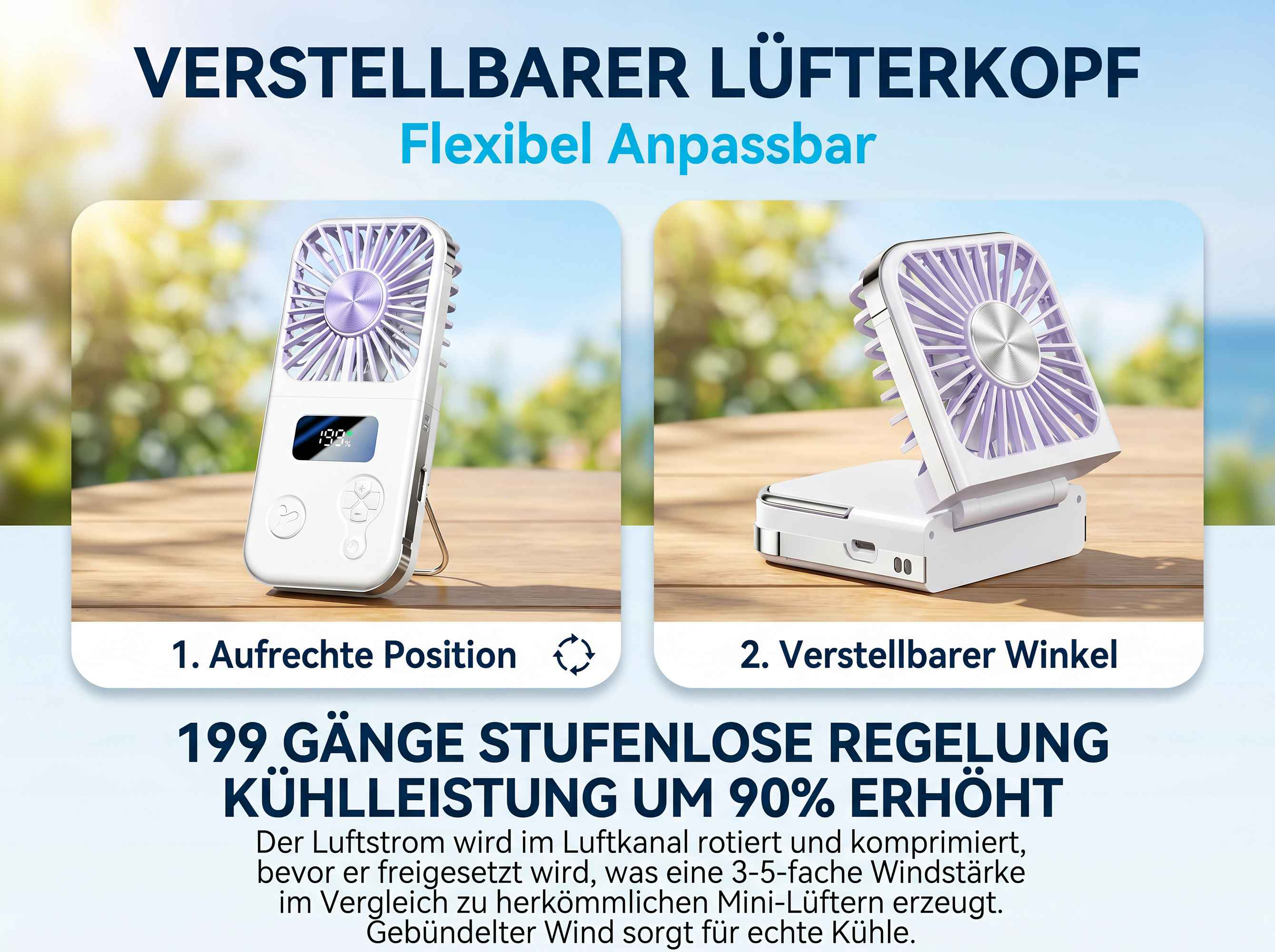 Ein weißer und violetter Ventilator auf einem Holztisch, zeigt zwei Positionen.