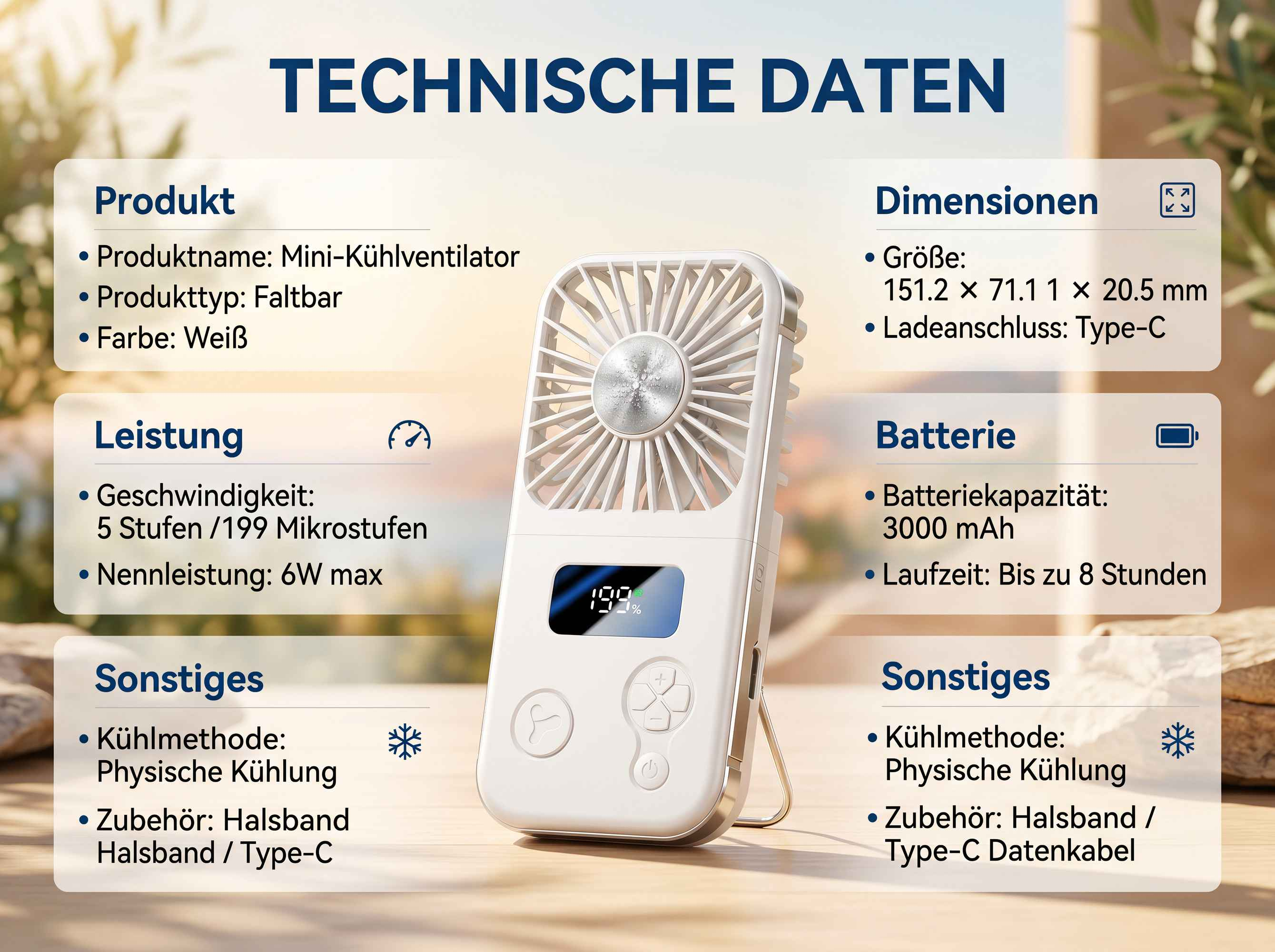 Technische Daten eines weißen, faltbaren Mini-Kühlventilators mit Display.
