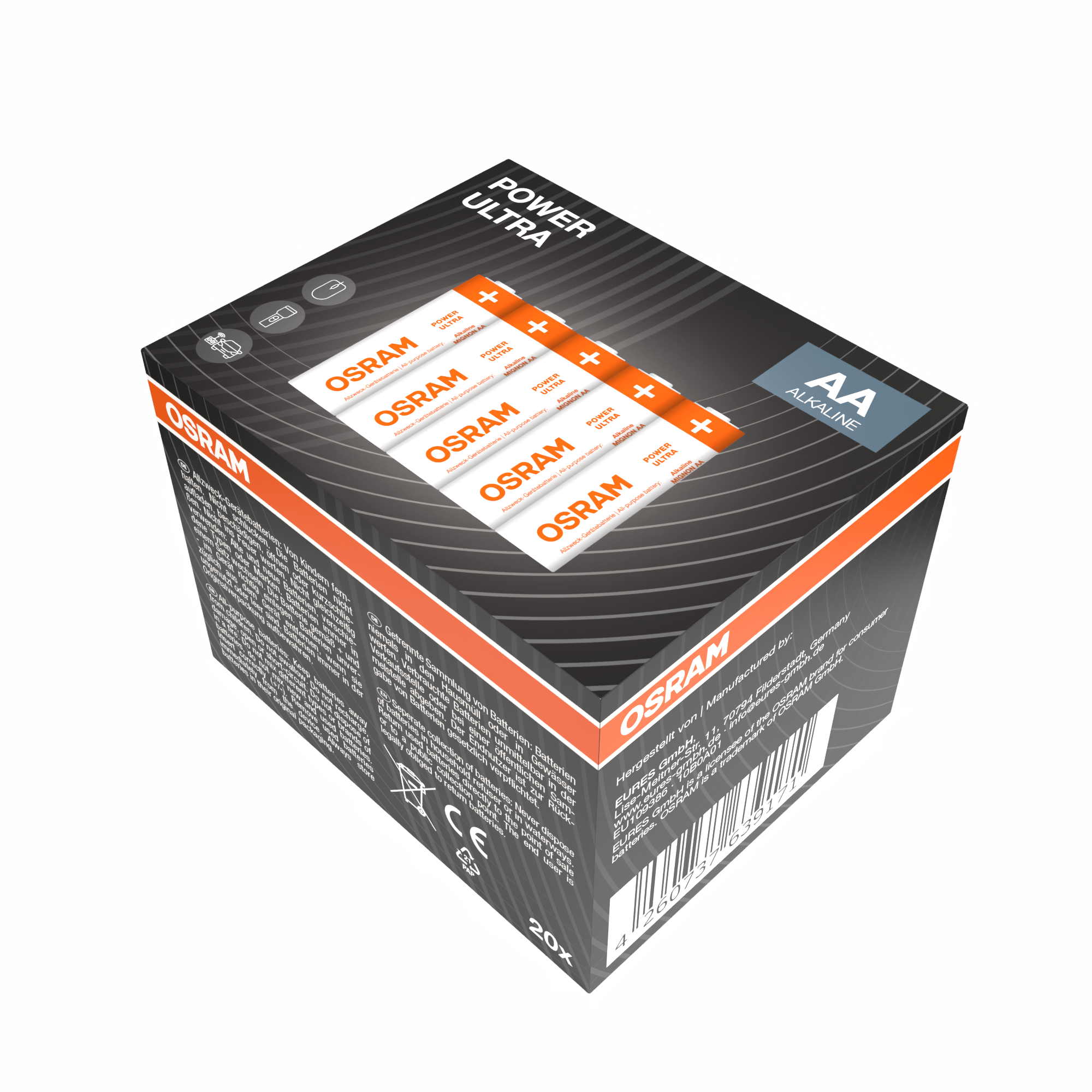 Verpackung mit AA Alkaline Batterien von OSRAM, "Power Ultra" Serie.