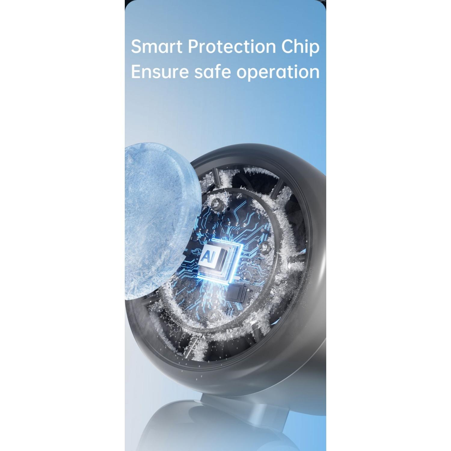 Nahaufnahme eines grauen Geräts mit einem Chip mit der Aufschrift AI, umgeben von Eis.