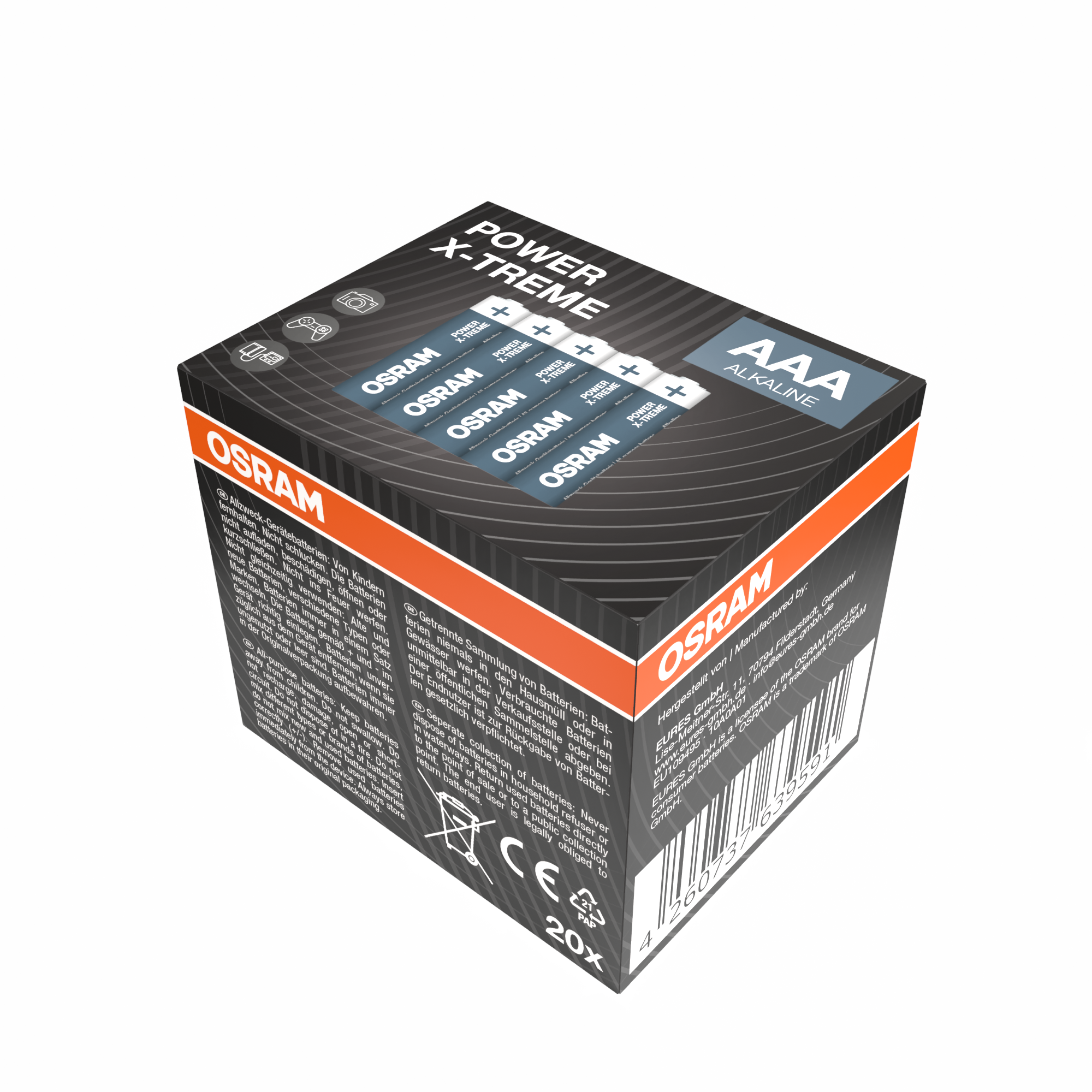 OSRAM POWER X-TREME AAA Alkaline Batterien, 20er Packung, mit Symbolen für Geräte.