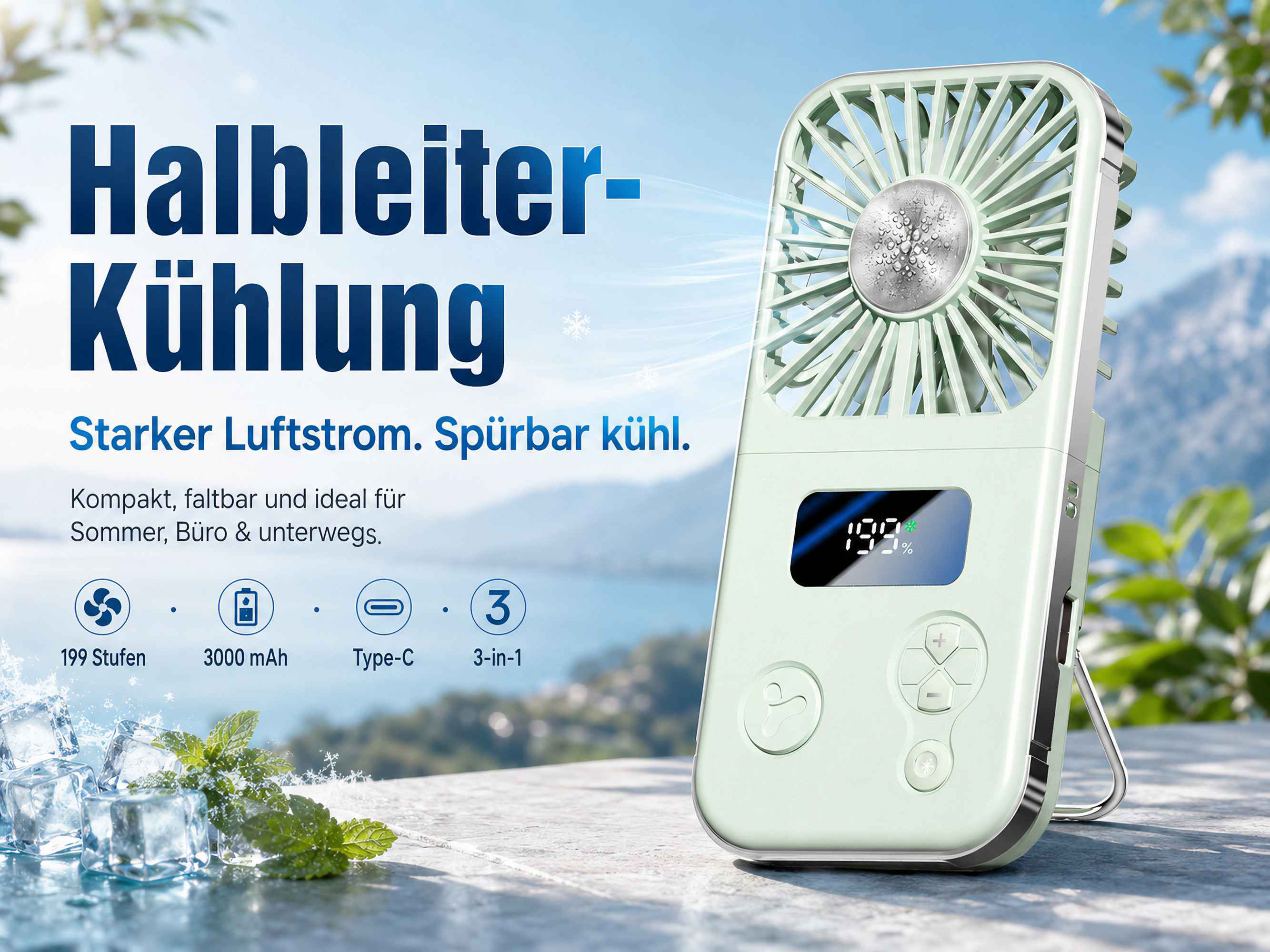 Ein hellgrüner Ventilator mit LCD-Display steht auf einem Tisch.