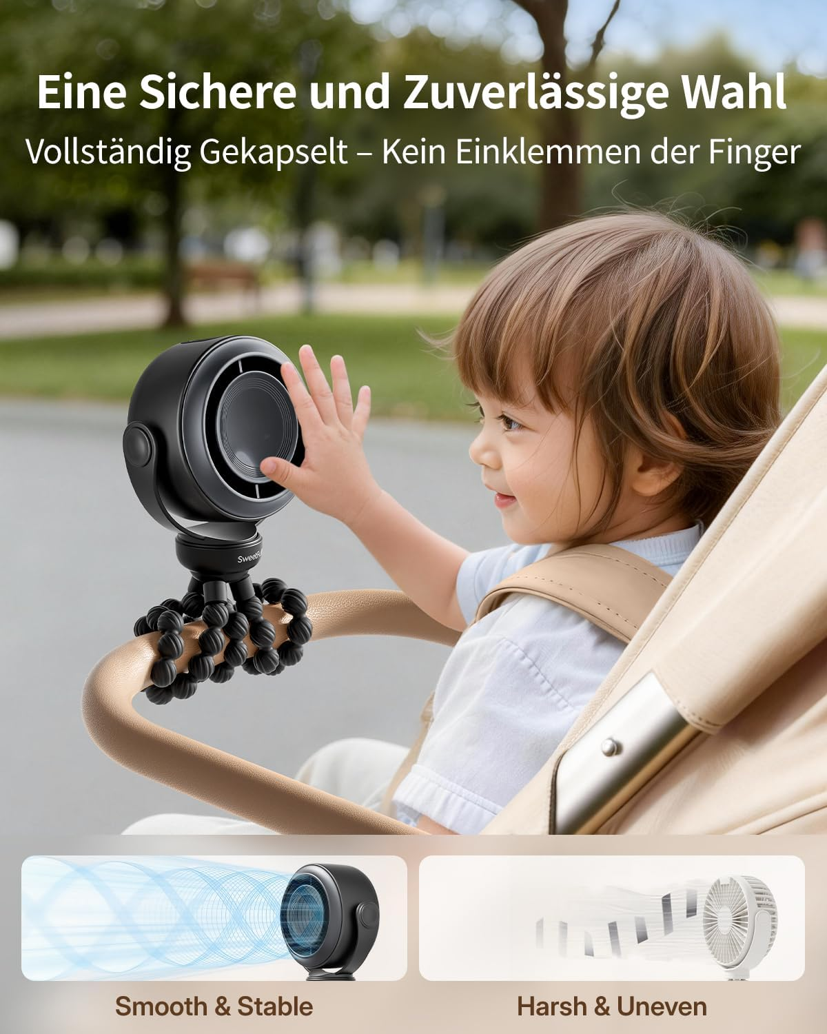 Kleiner Junge spielt mit einem schwarzen Lüfter an Kinderwagen. Unten: glatte Luftströmung.