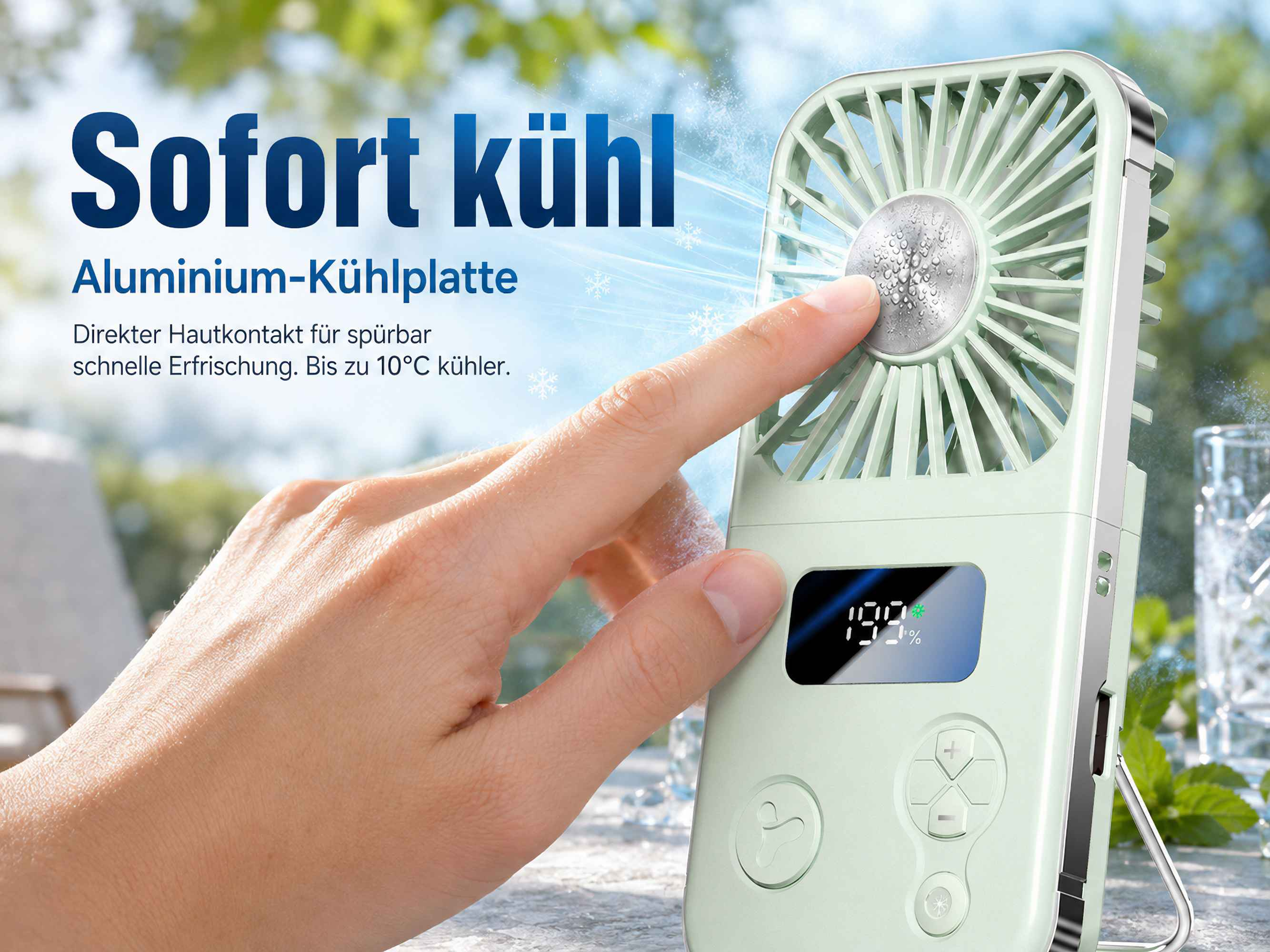 Ein Finger berührt einen hellgrünen Lüfter mit Kühlplatte. Text "Sofort kühl".