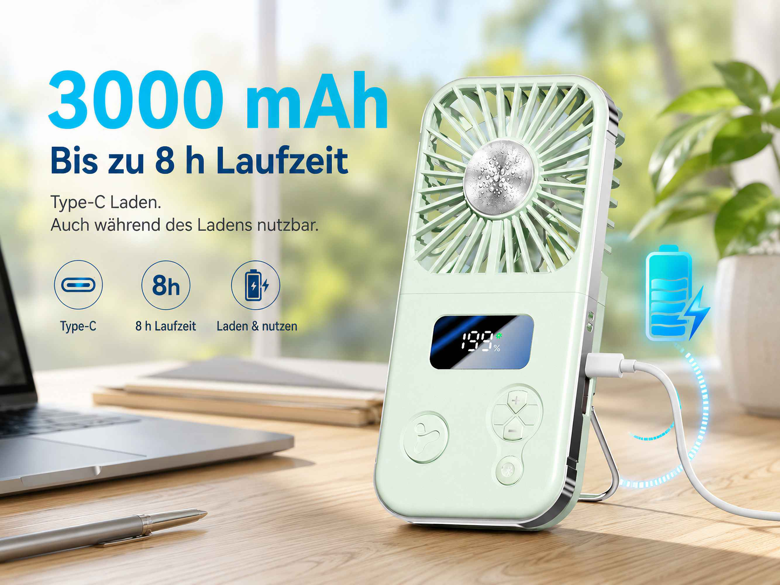 Ein mintgrüner Handventilator mit 3000 mAh Akku wird per USB-C geladen. Er zeigt 100% an.