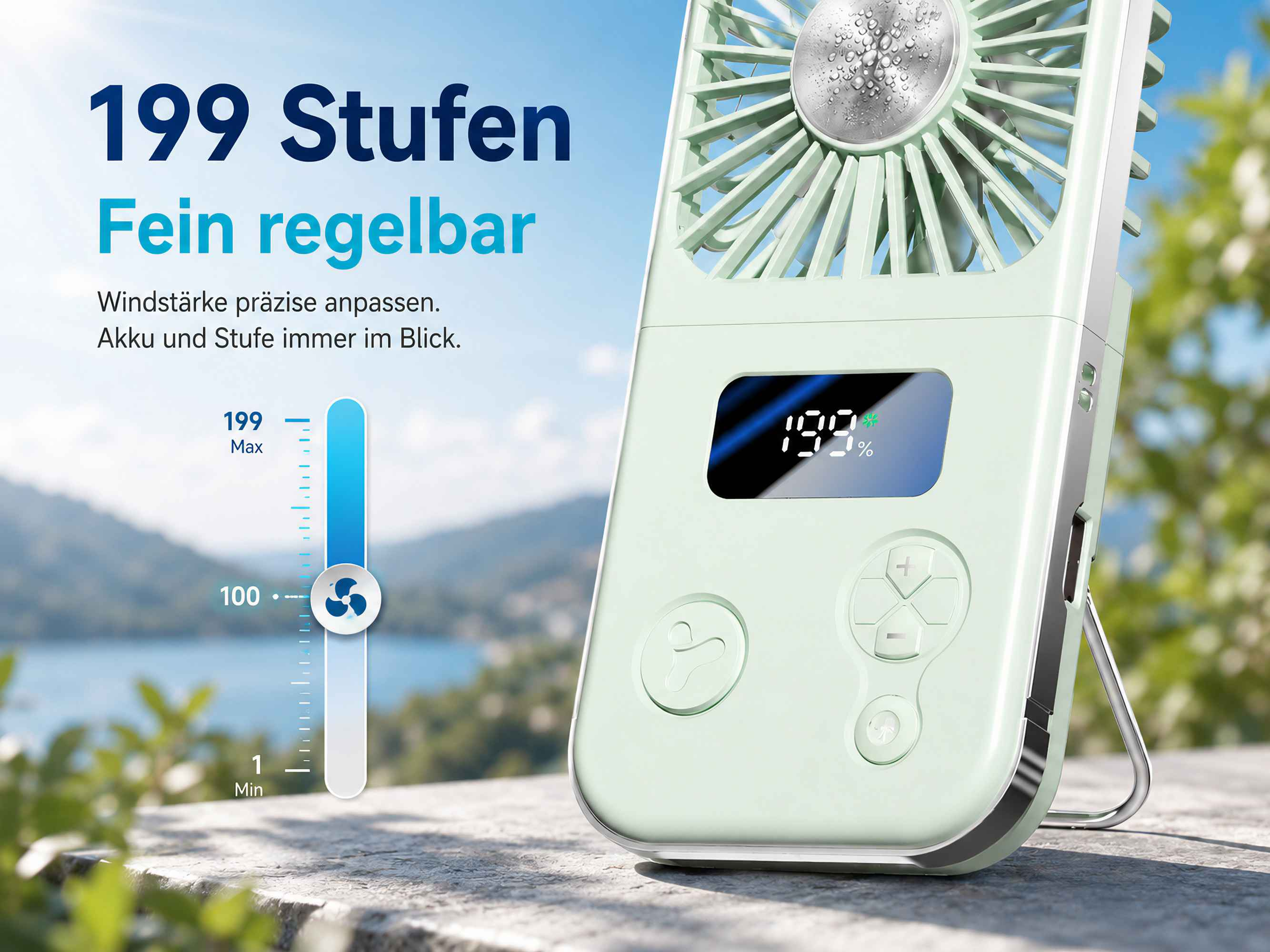 Ein hellgrüner Ventilator mit 199 Stufen und digitaler Anzeige. Draußen.