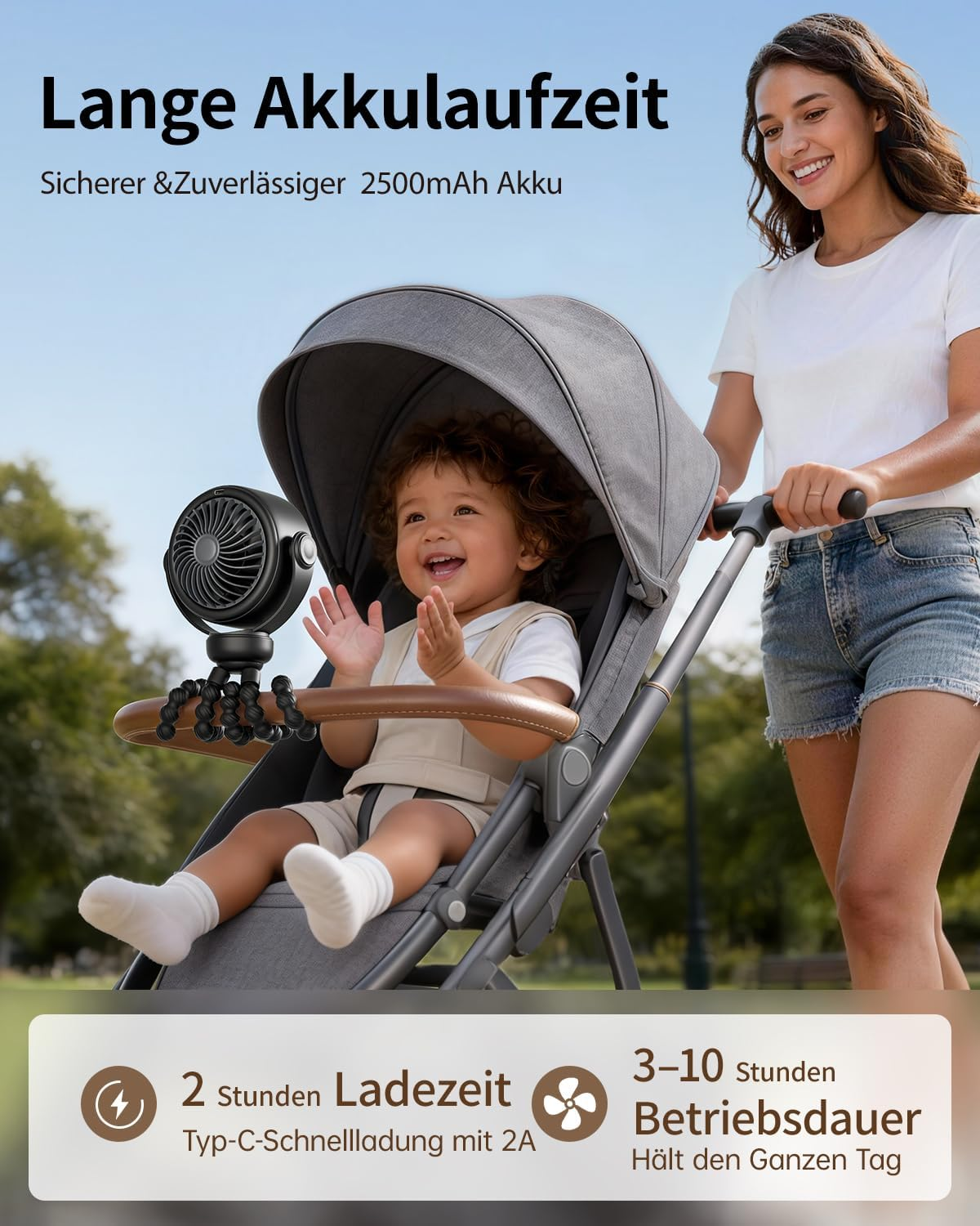 Frau schiebt Kinderwagen mit Baby, Baby hat einen Ventilator, Ladezeit 2 Std.