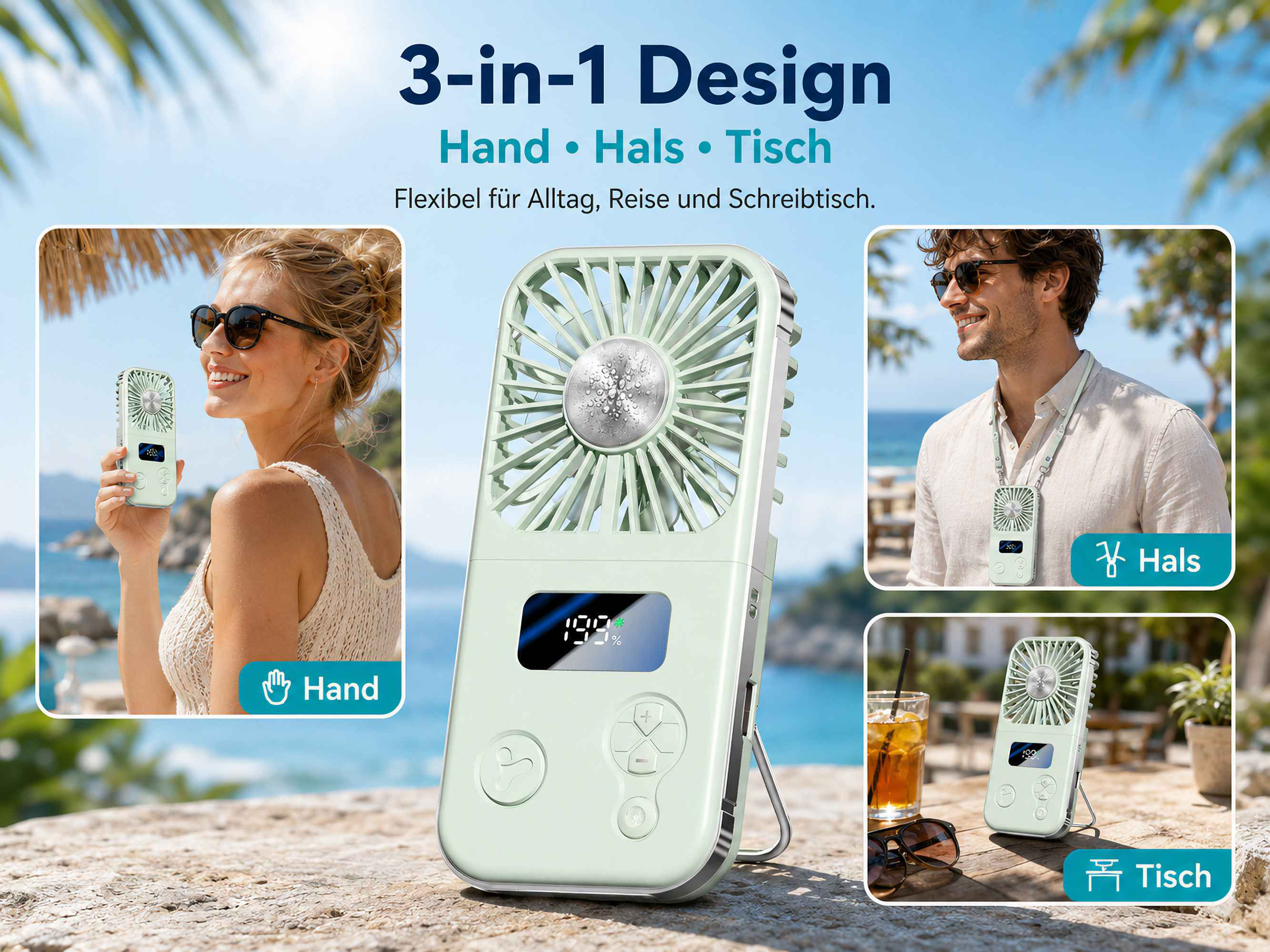 Ein hellgrüner Ventilator wird in drei Modi gezeigt: Hand, Hals und Tisch.