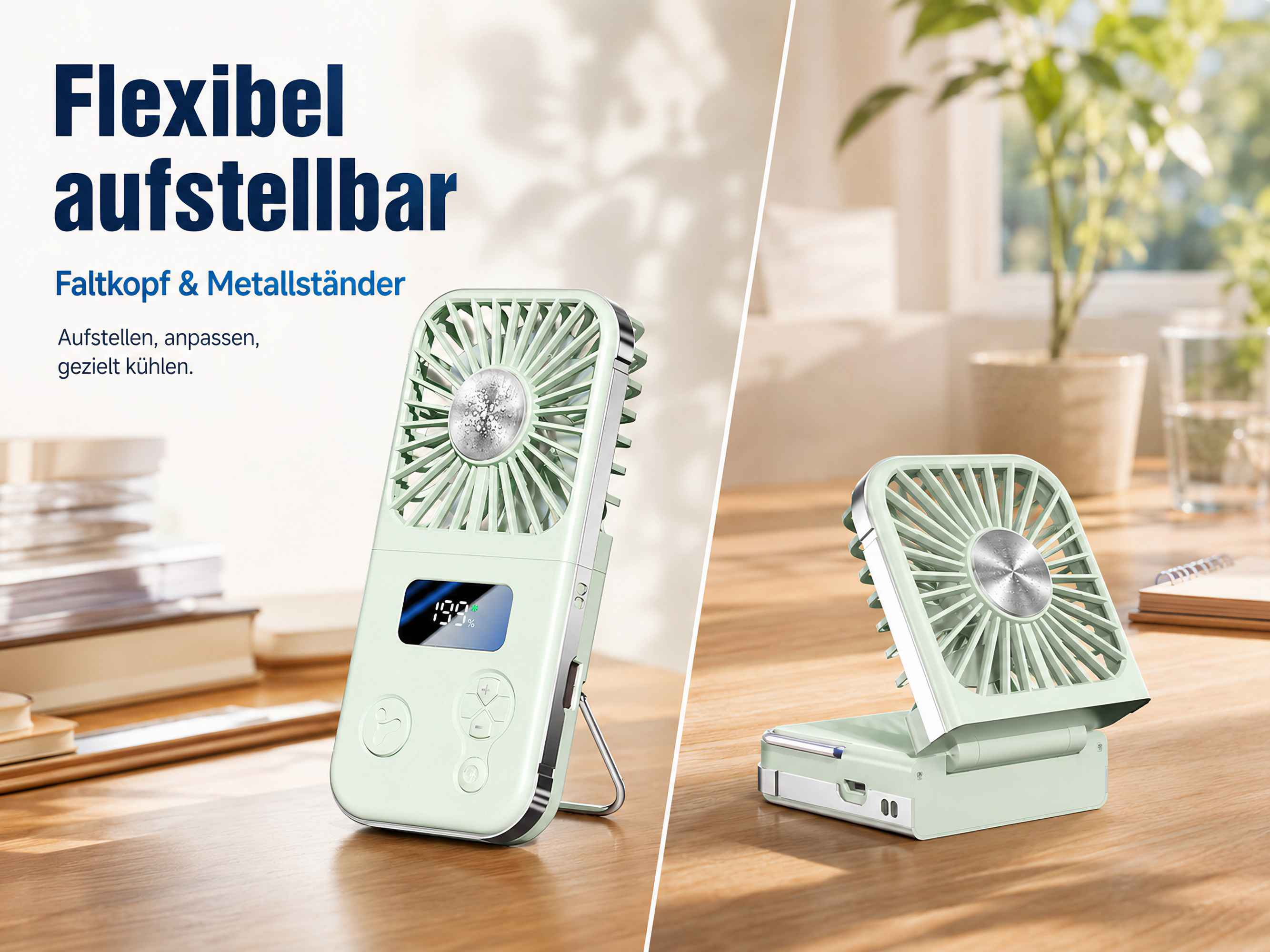 Ein hellgrüner, tragbarer Ventilator mit Metallständer auf einem Holztisch.