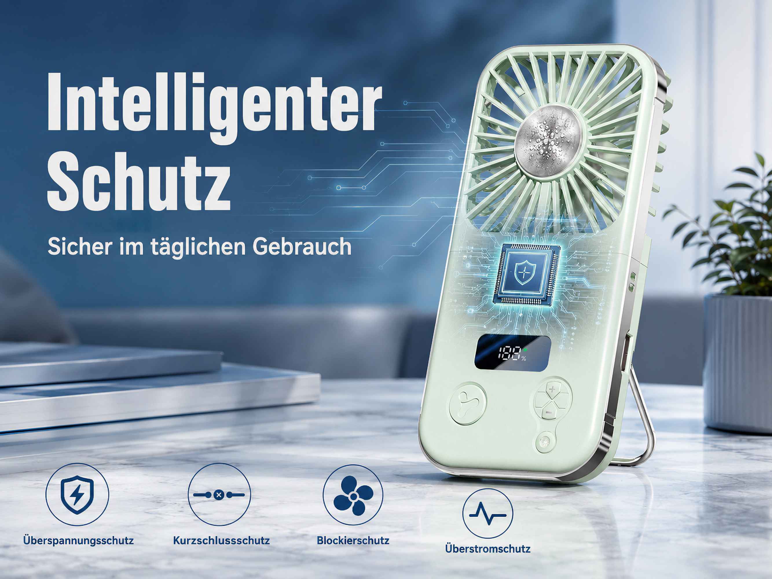 Ein grüner Ventilator mit digitaler Anzeige und Schutzsymbolen.