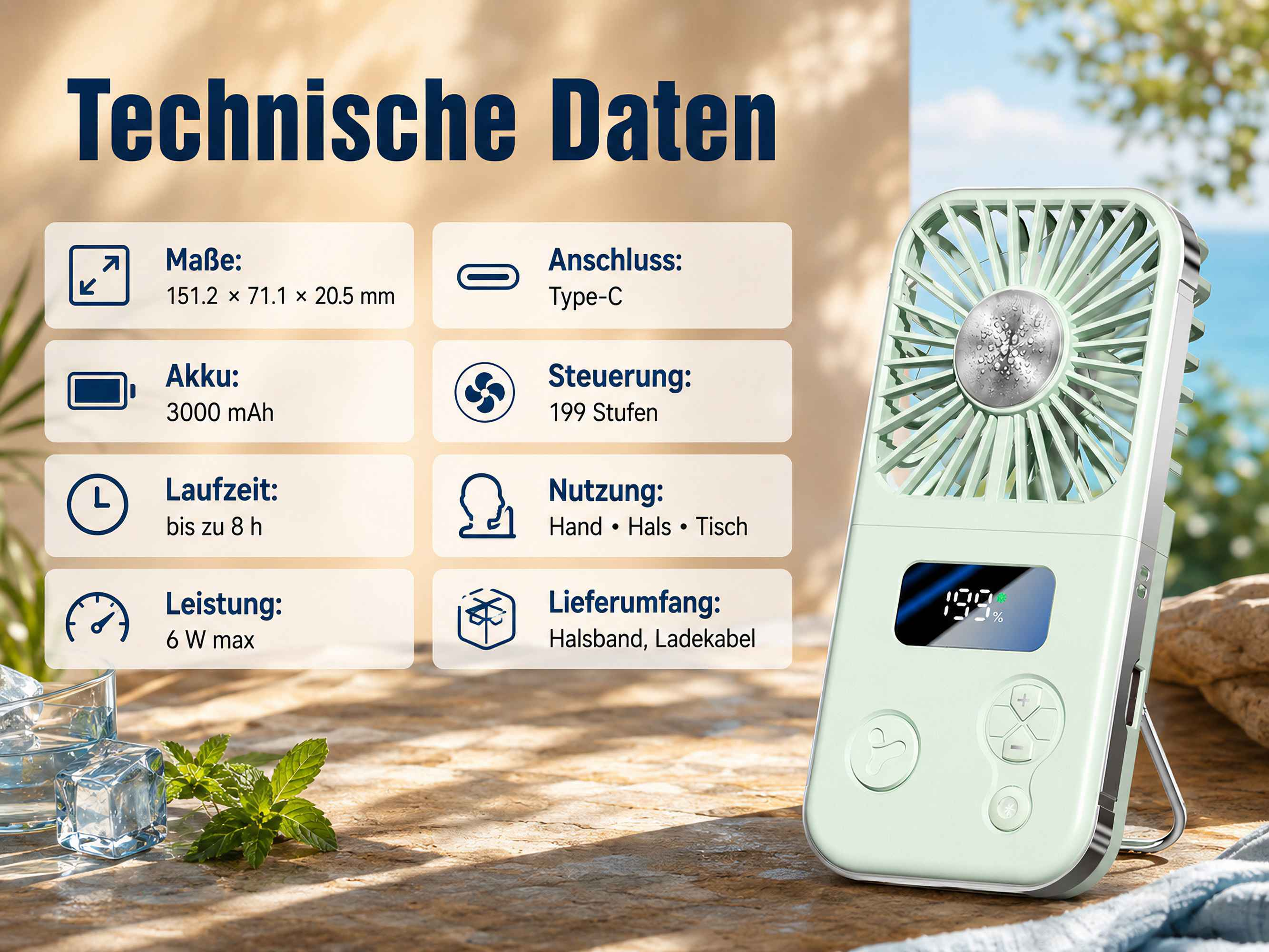 Ein grüner Ventilator mit digitalen Daten und Eiswürfeln auf einem Holztisch.
