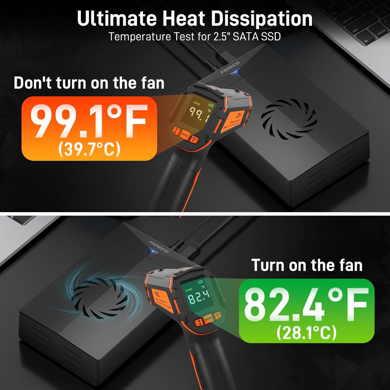 Vergleich der SSD-Temperaturen: 99,1°F ohne Lüfter, 82,4°F mit Lüfter.
