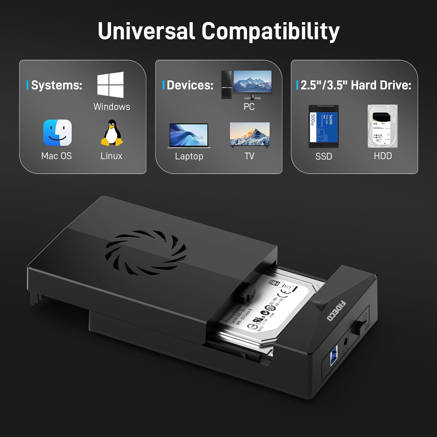 Ein schwarzes Gehäuse mit einem HDD-Laufwerk, kompatibel mit Mac OS, Windows, Linux, PC, Laptop und TV.