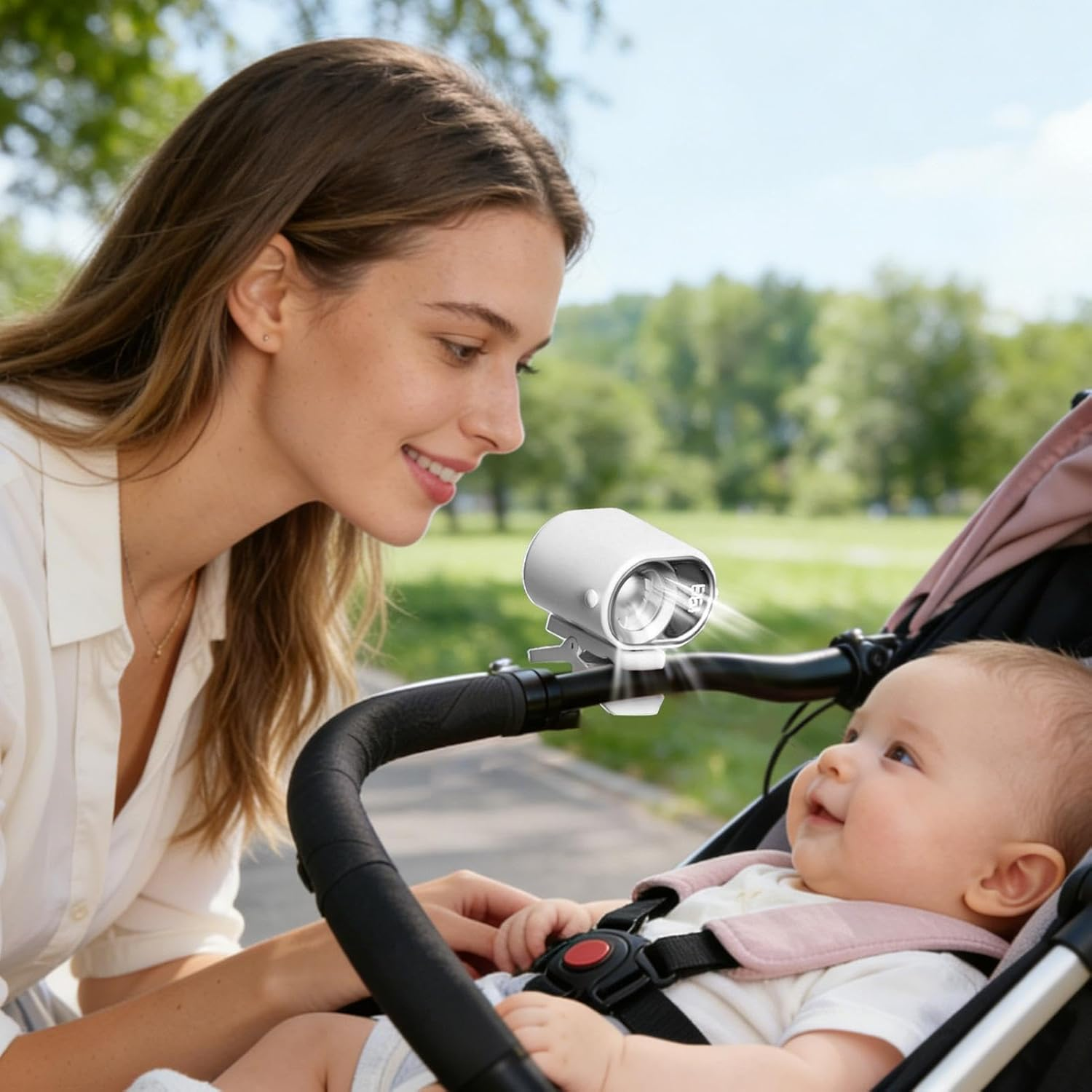 Eine Frau beugt sich über einen Kinderwagen, auf dem ein Baby sitzt. Ein kleiner Ventilator ist angebracht.