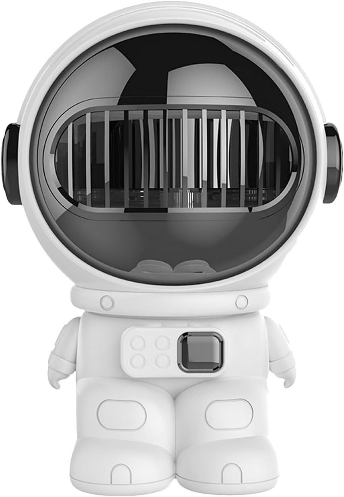Ein weißer Astronautenlüfter mit schwarzem Visier und Lüftungsschlitzen.
