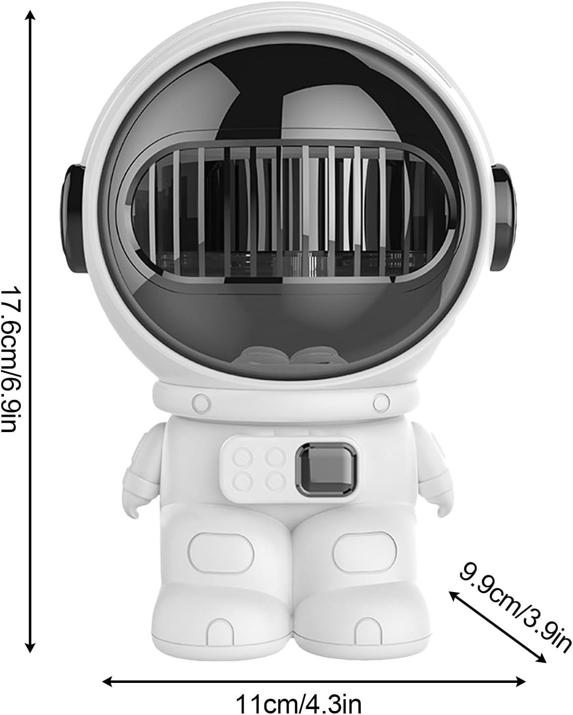 Eine weiße Astronautenfigur mit schwarzem Visier, zeigt Maße.