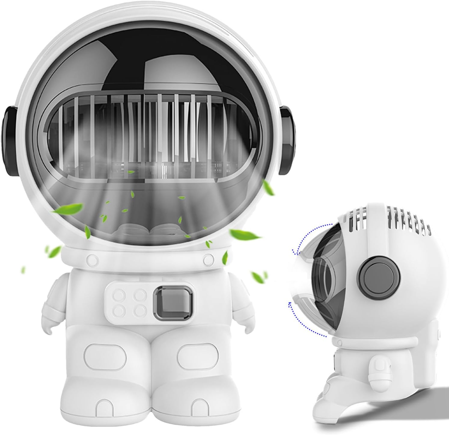 Ein weißer Astronautenlüfter mit durchsichtigem Helm und grünen Blättern.