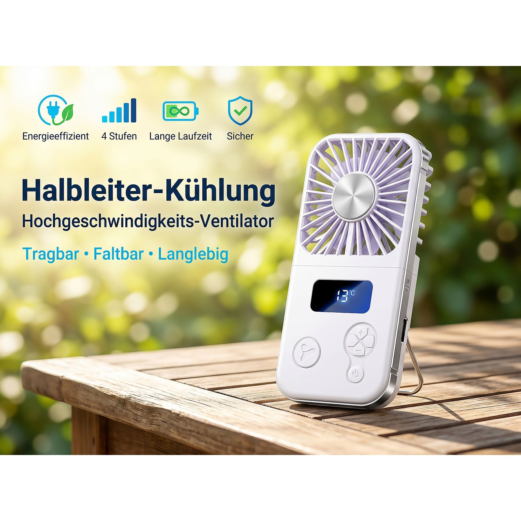 Ein weißer Ventilator mit Lüfter und Display steht auf einem Holztisch im Freien.
