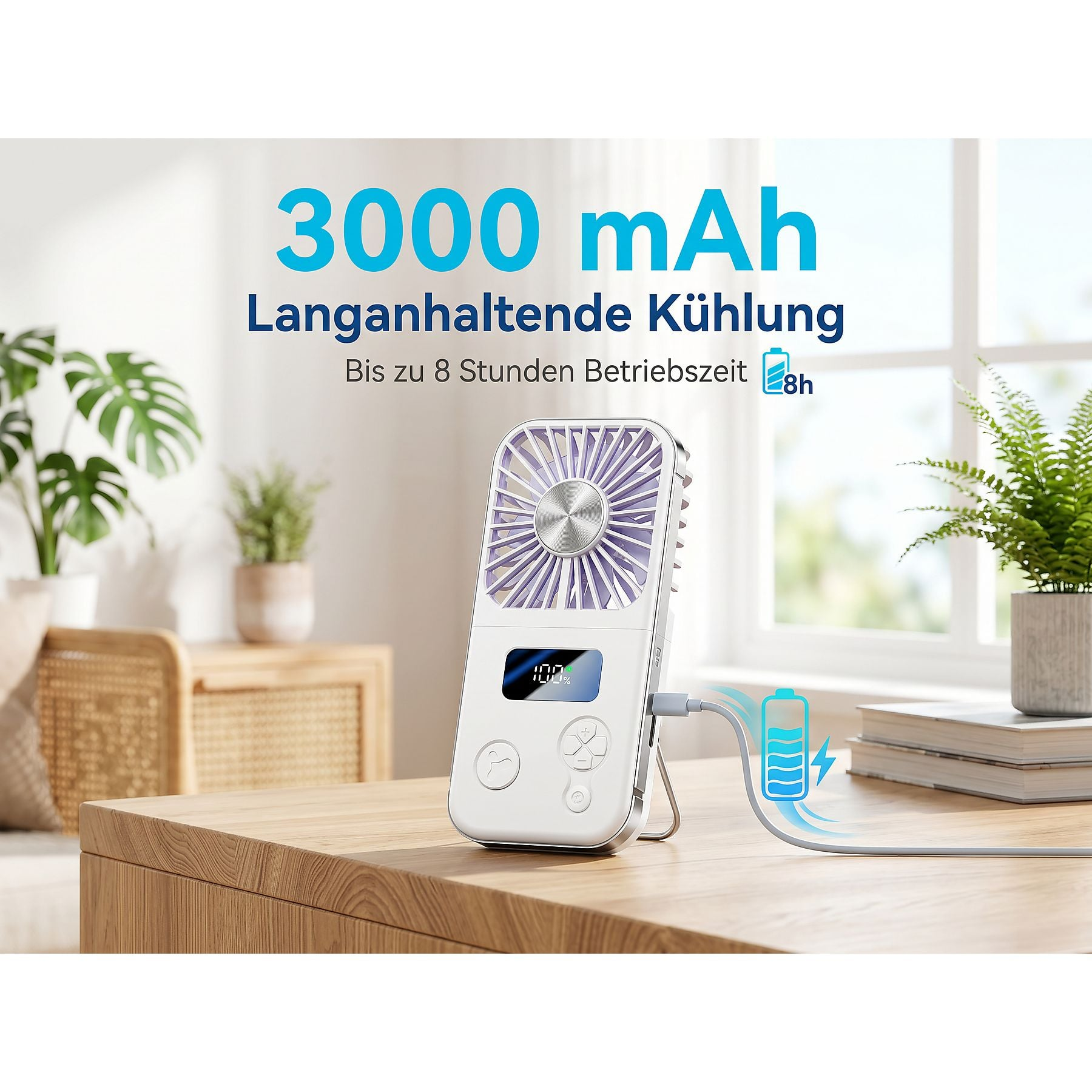 Ein weißer Handventilator mit blauem Display steht auf einem Holztisch, wird geladen.