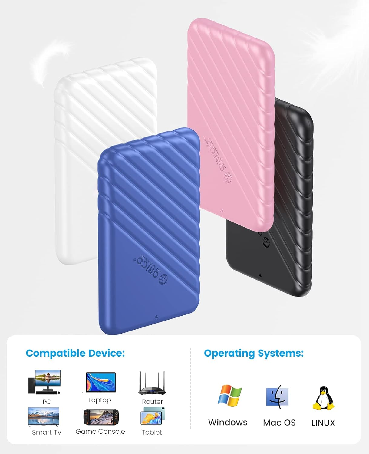 Vier externe Festplatten in Blau, Rosa, Schwarz und Weiß mit gerilltem Design.